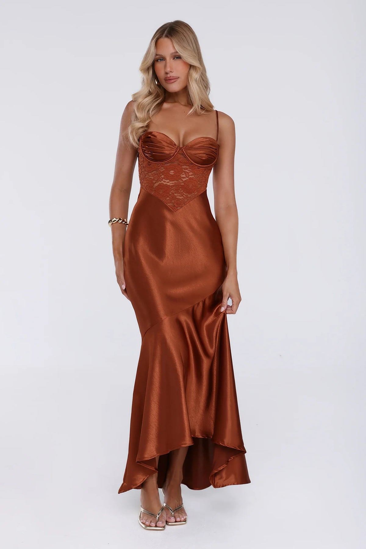 Sultry Horizon Satin Lace Maxi Dress Brown