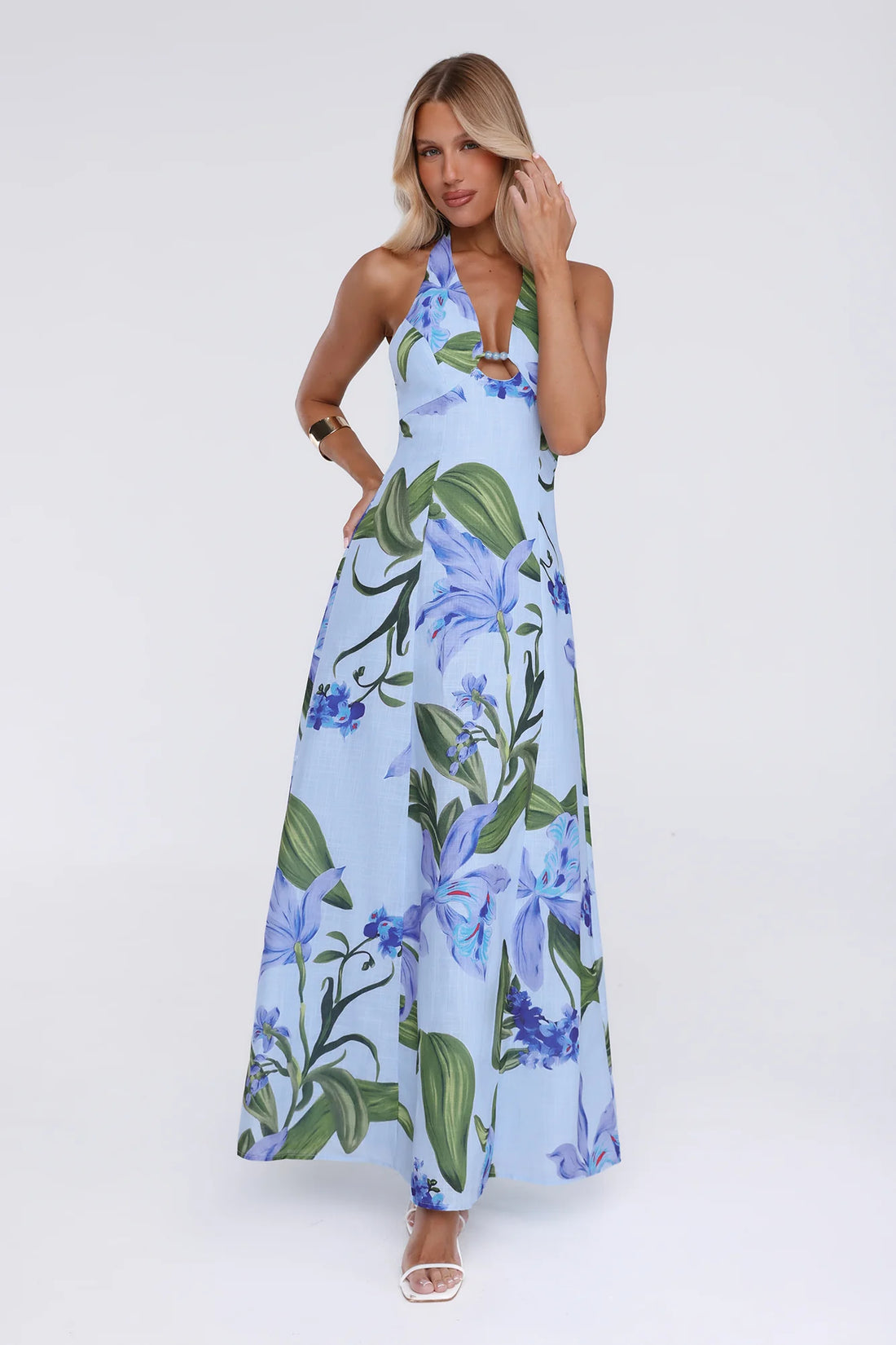 Fleur Flicker Halter Maxi Dress Blue