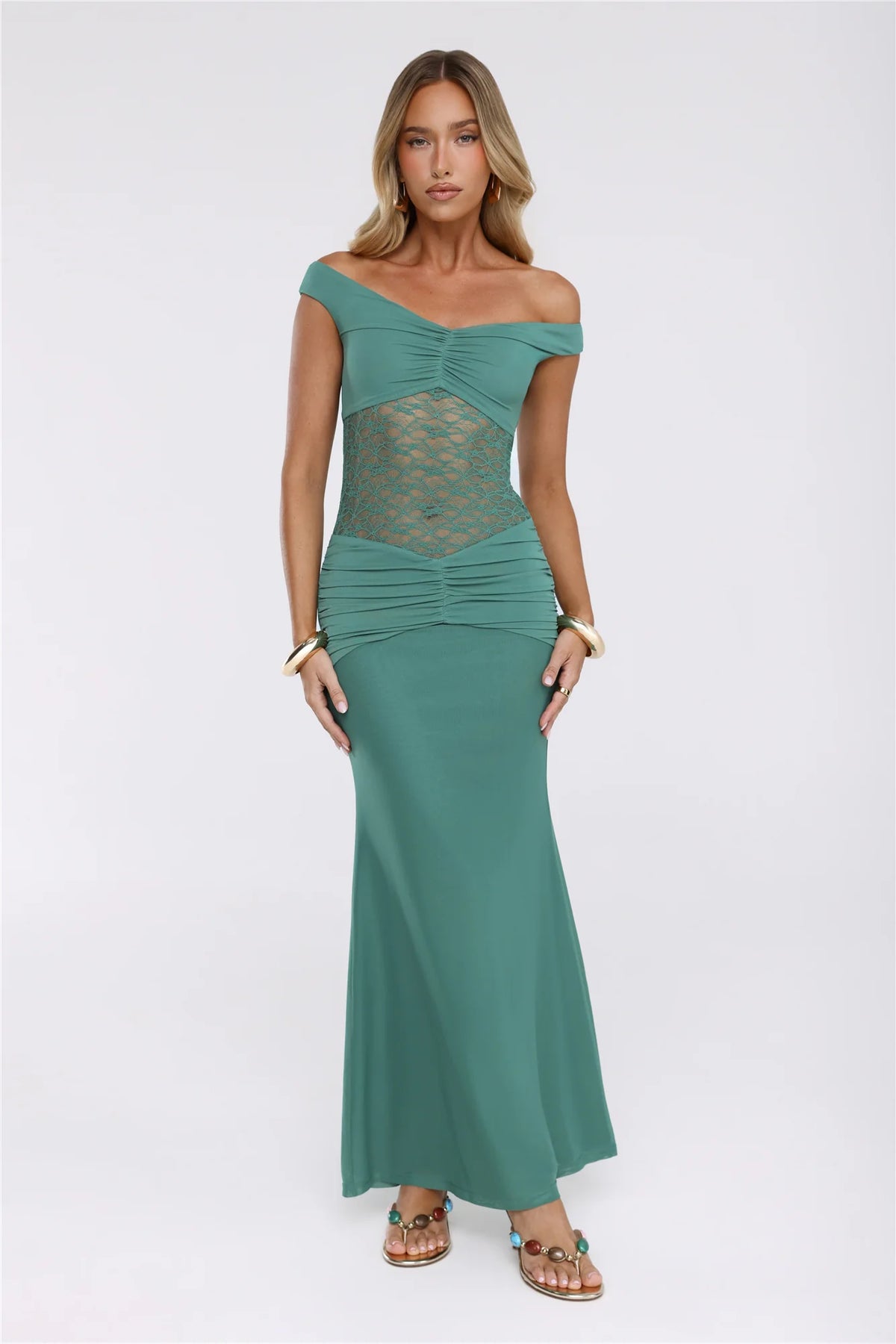 Grace Notes Off Shoulder Mesh Maxi Dress Teal