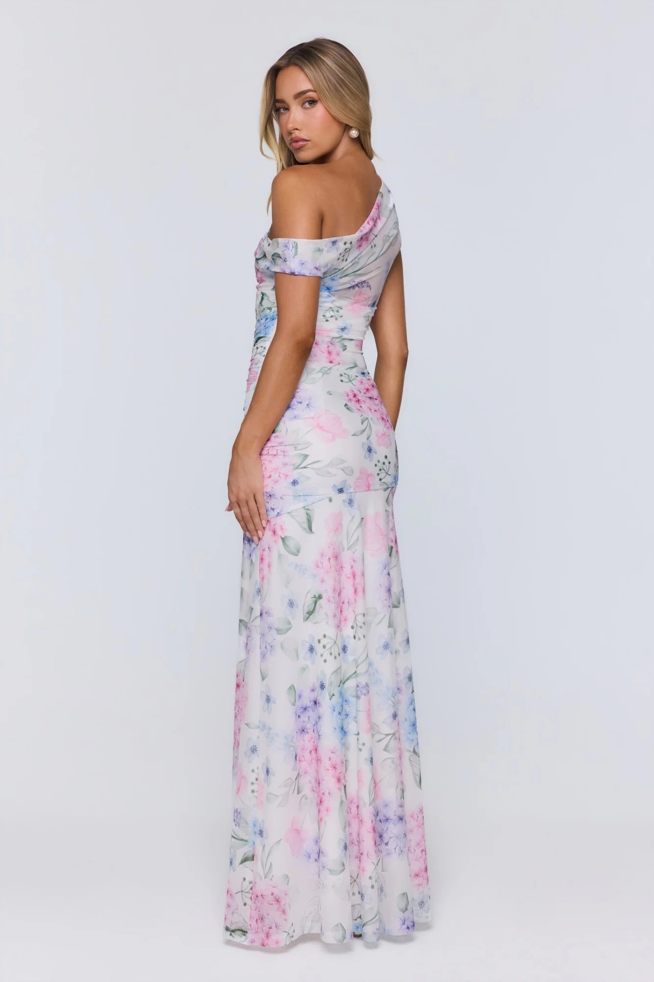 Soft Launch Energy Mesh Off Shoulder Maxi Dress Floral
