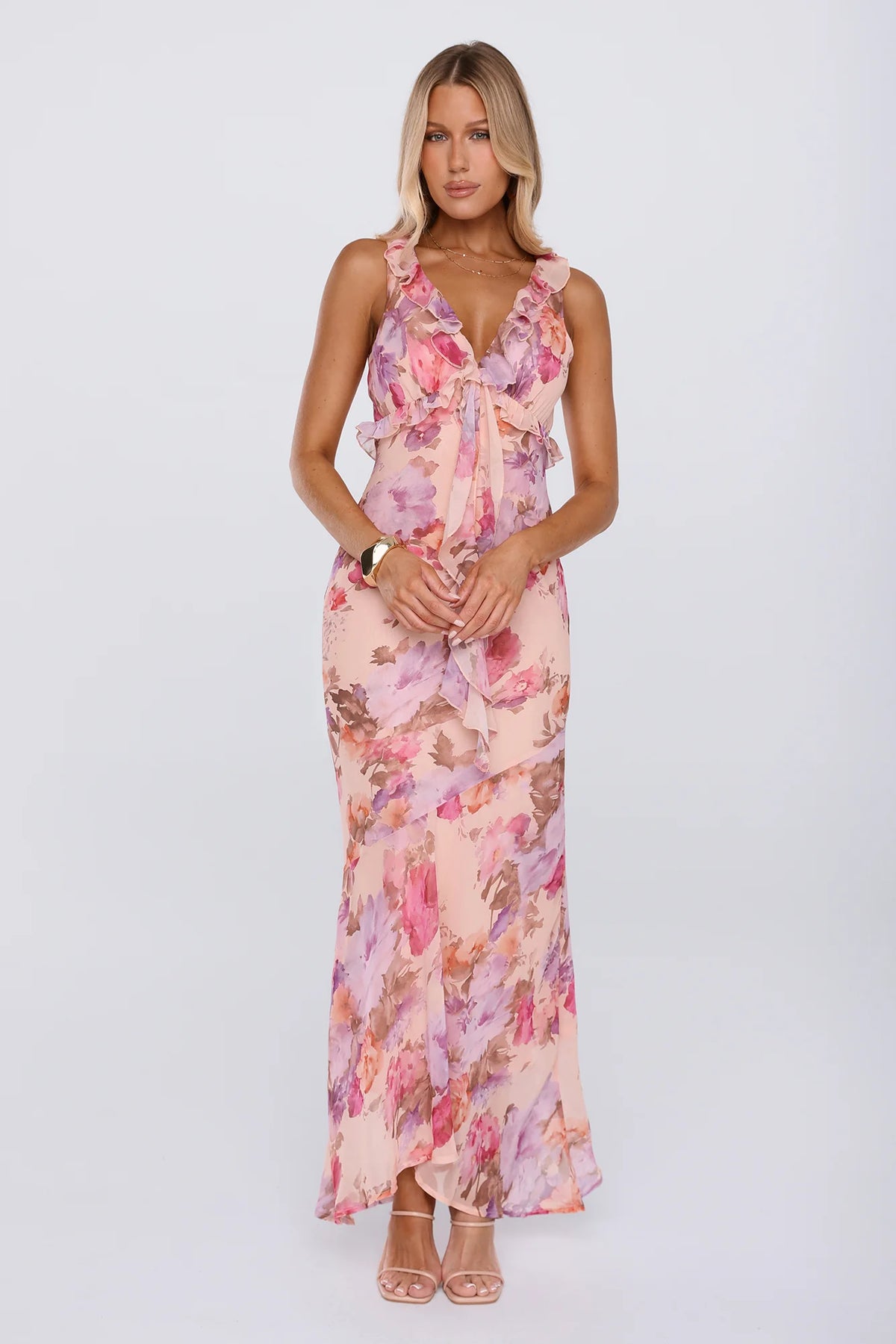 Sweet Escape Frill Floral High Low Maxi Dress Peach