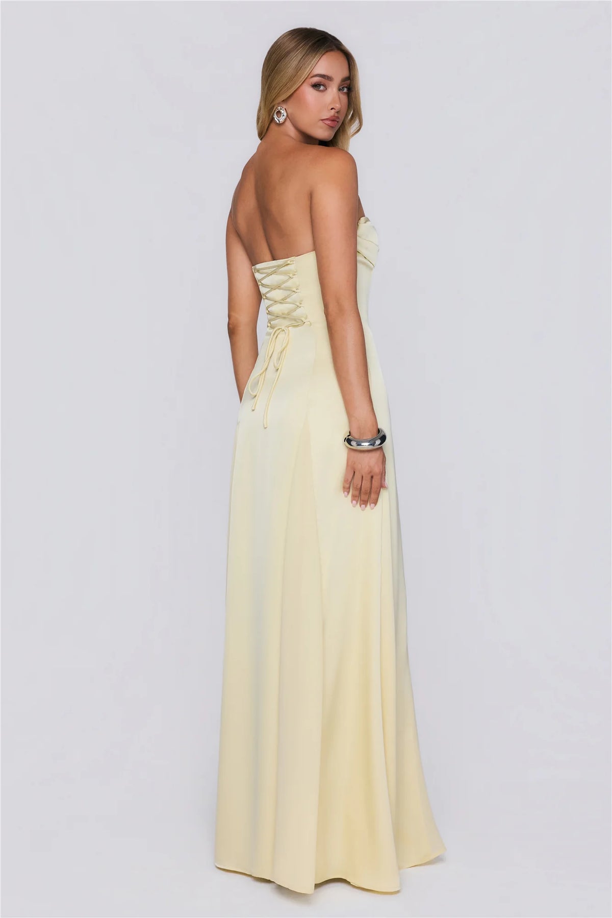 Moment Of Class Strapless Satin Maxi Dress Lemon