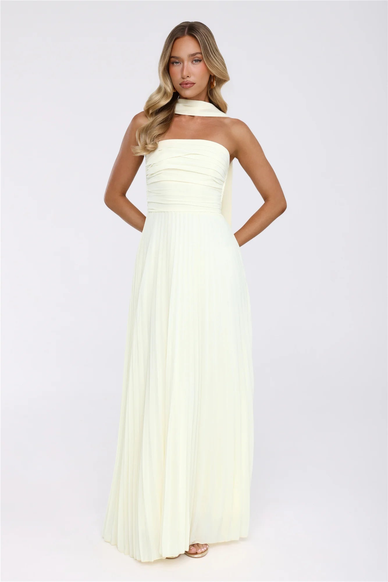 Sugar Babe Strapless Pleated Maxi Dress Yellow