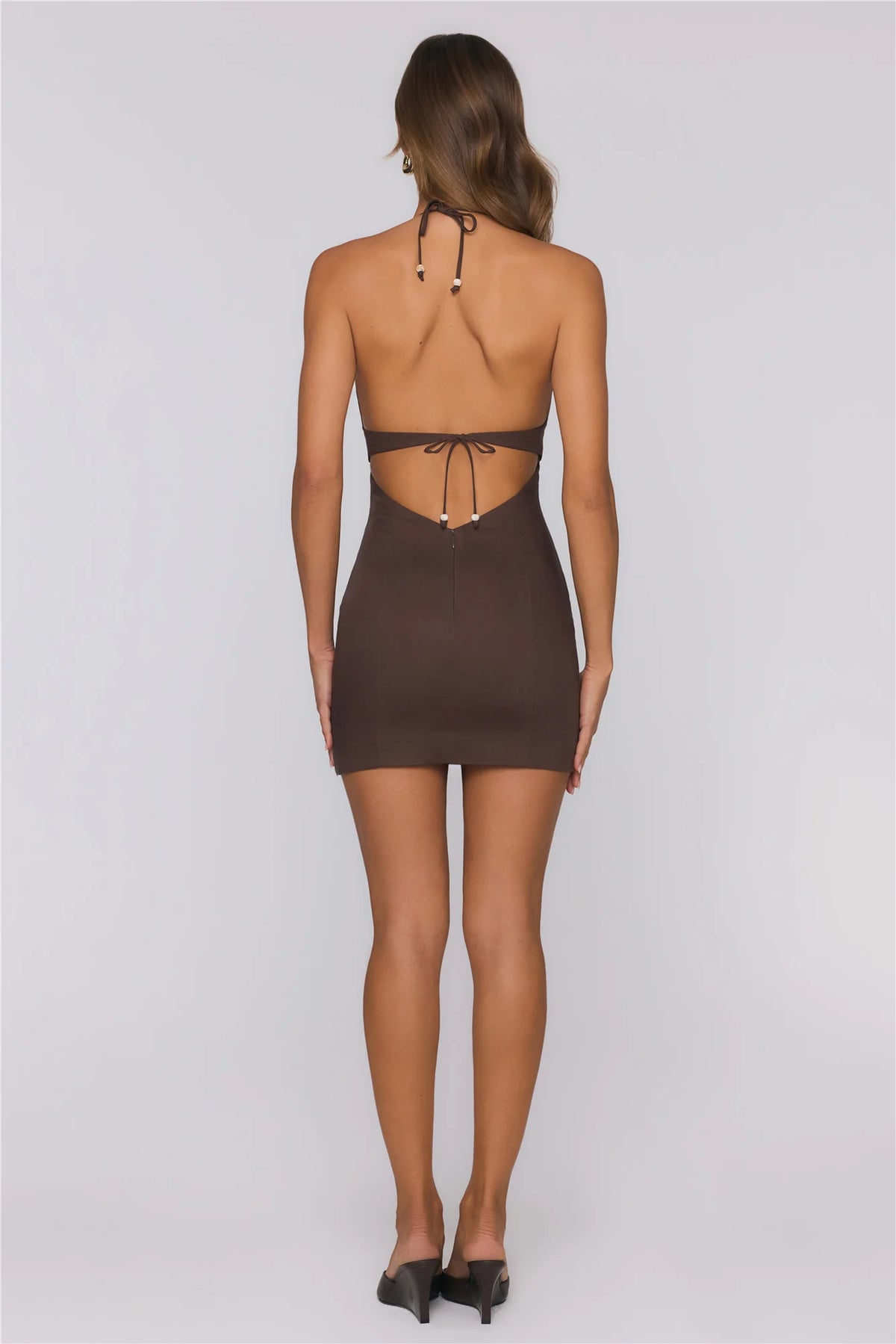 Wardrobe Priority Halter Linen Blend Mini Dress Chocolate
