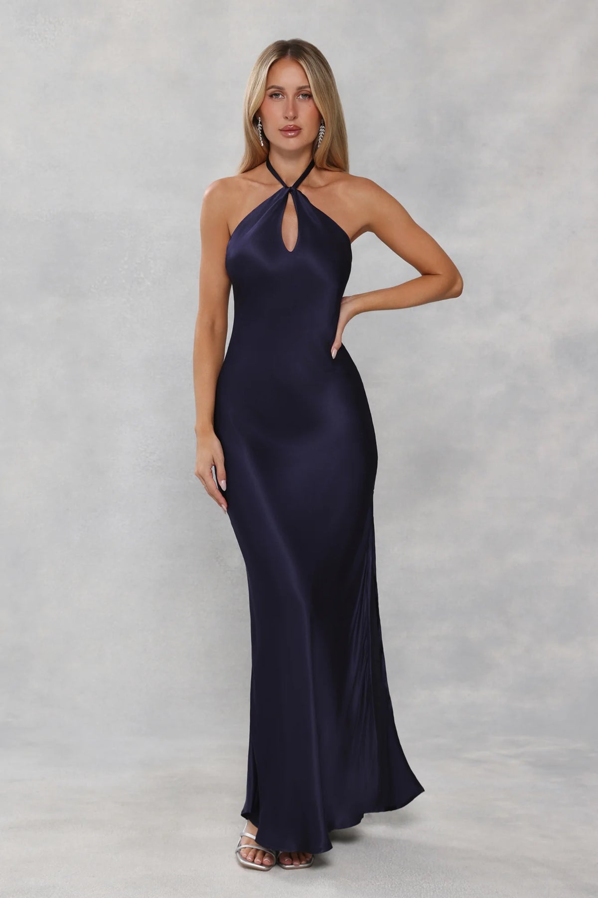 The Delilah Satin Halter Maxi Dress Navy