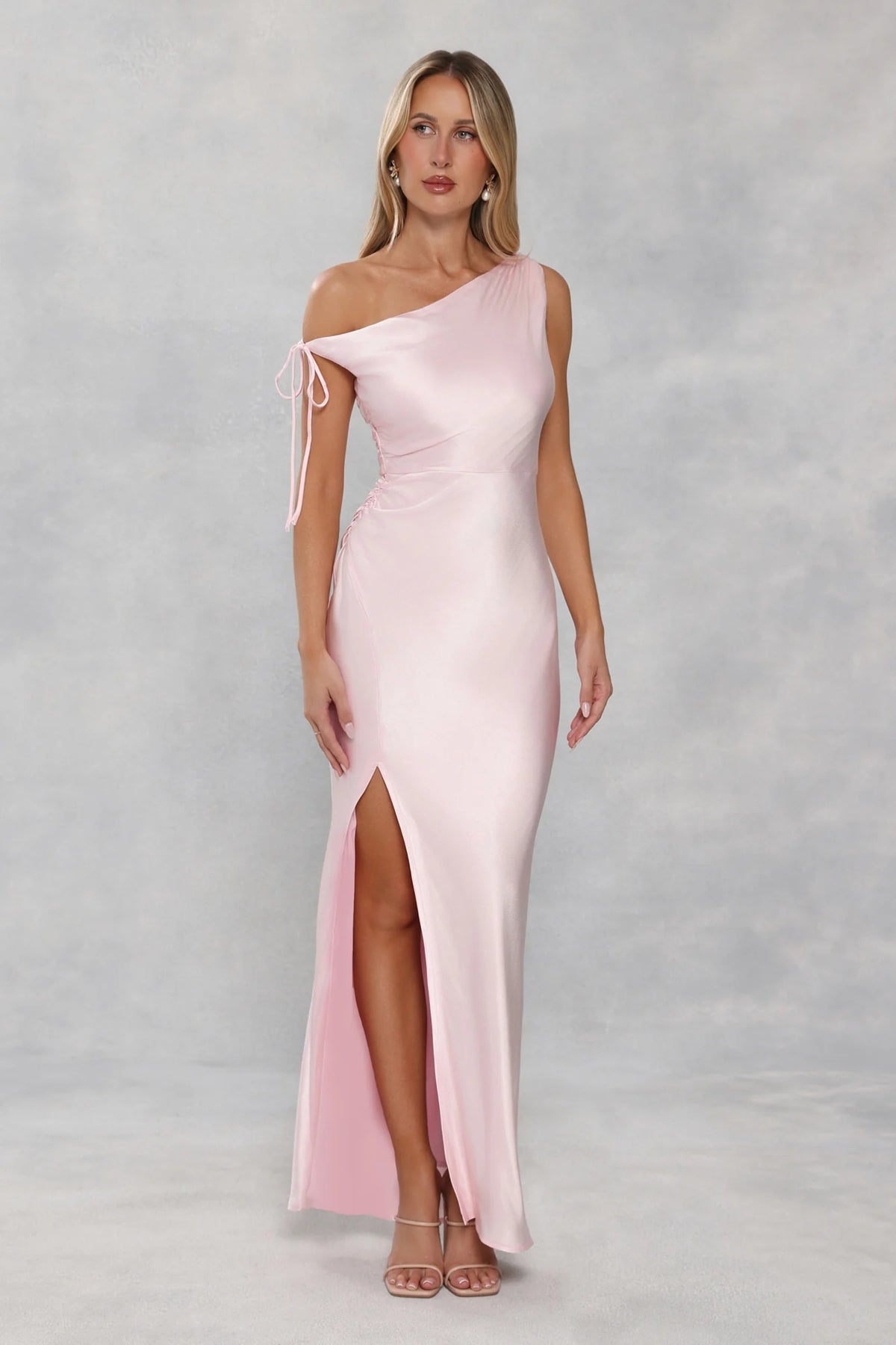 The Clover Off Shoulder Satin Maxi Dress Light Pink