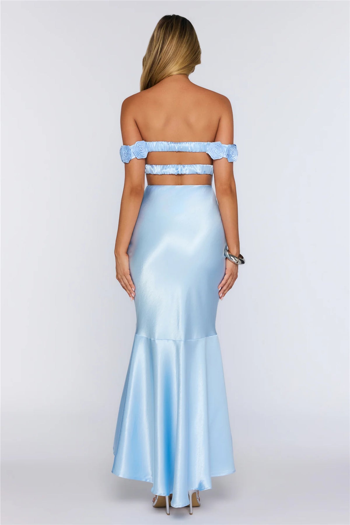 Falling Soft Satin Off Shoulder Maxi Dress Blue