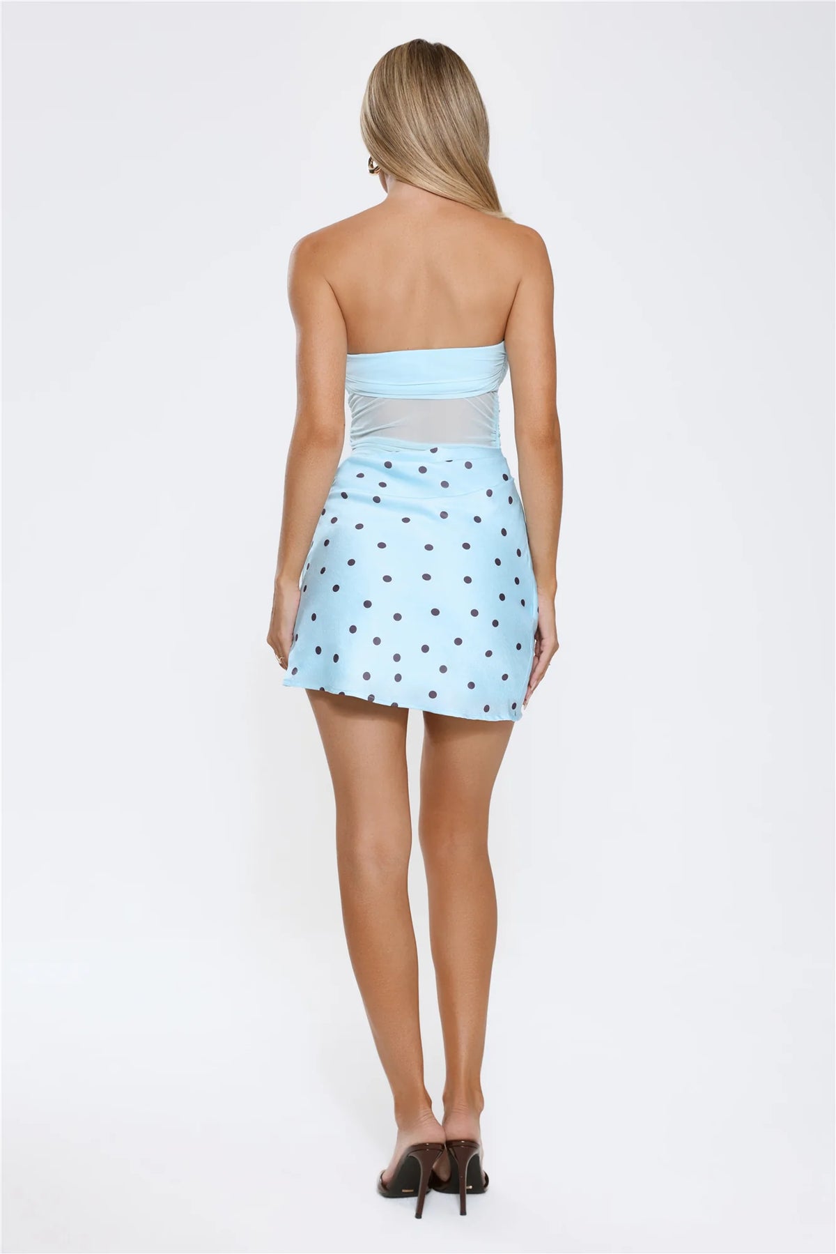 Secret Swoon Satin Strapless Polka Dot Mini Dress Blue
