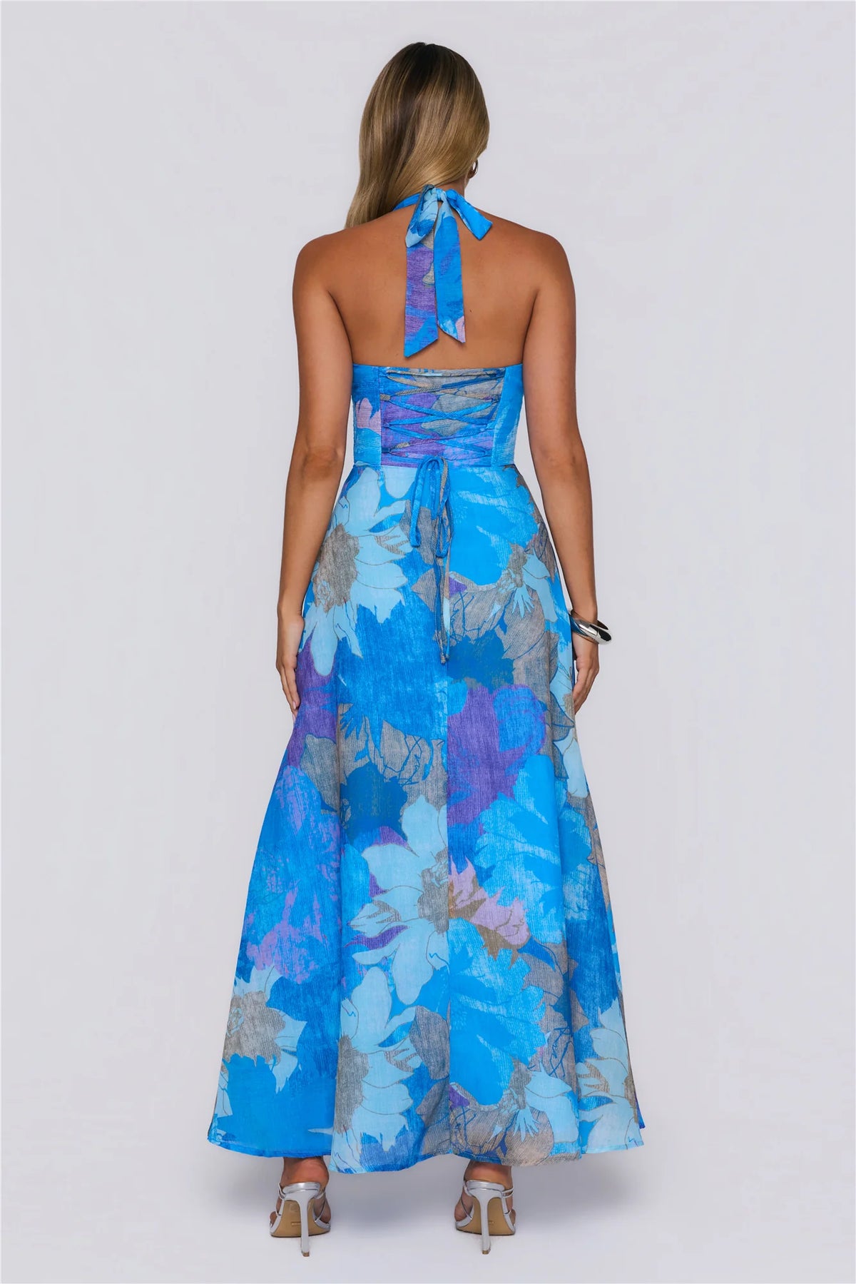 Floral Statement Halter Maxi Dress Blue