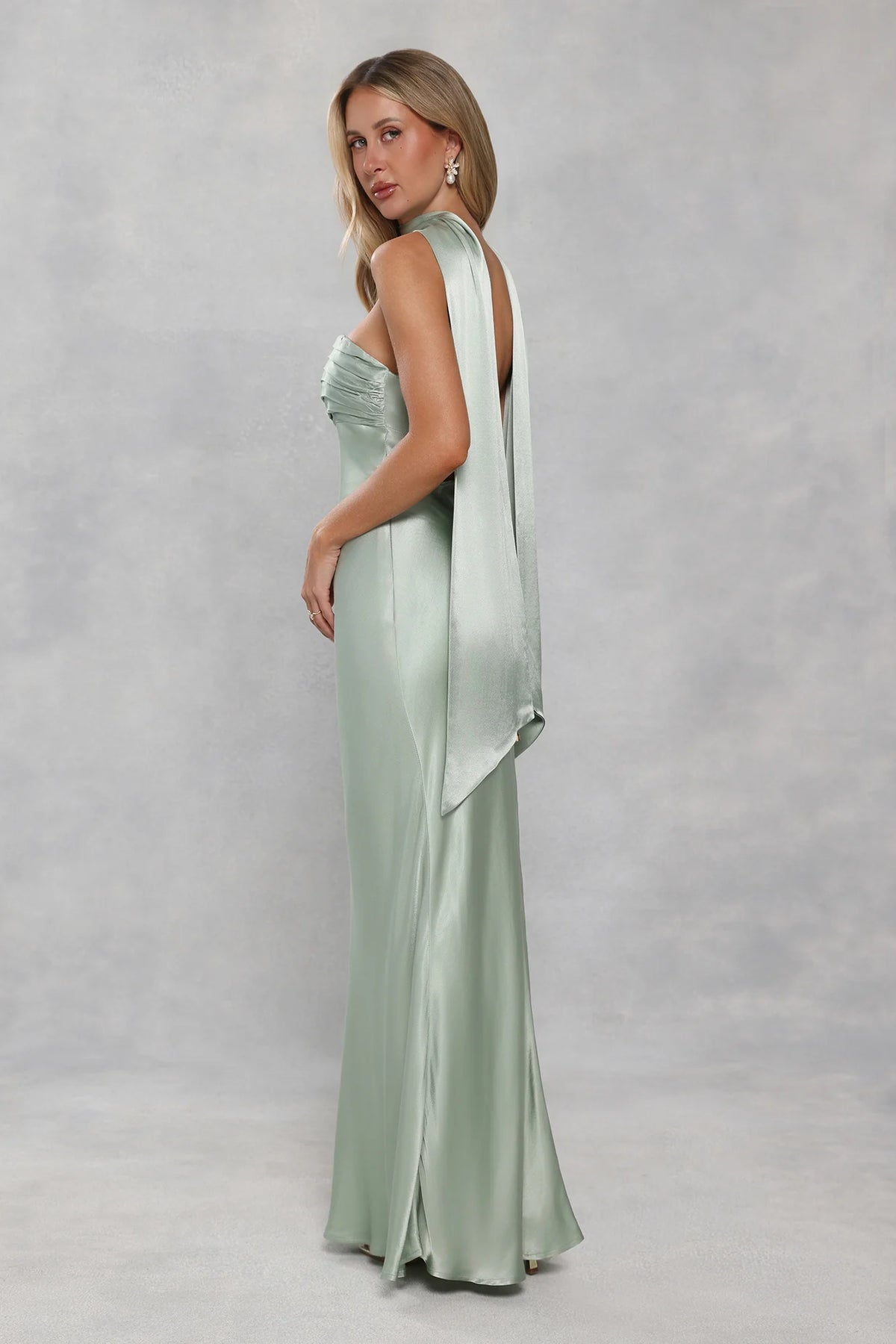 The Seraphina Strapless Satin Maxi Dress Sage Green