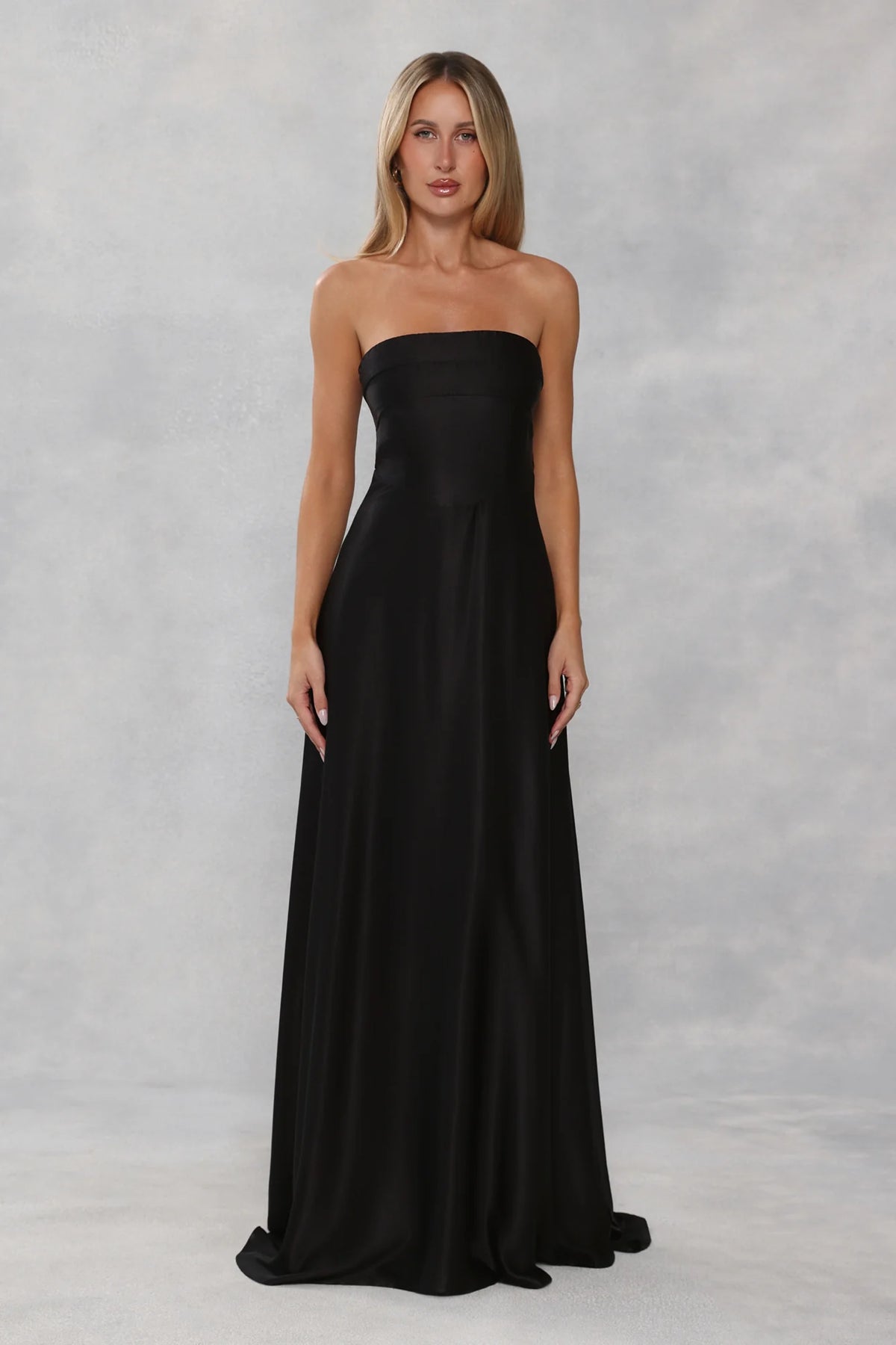 The Serina Strapless Satin Maxi Dress Black