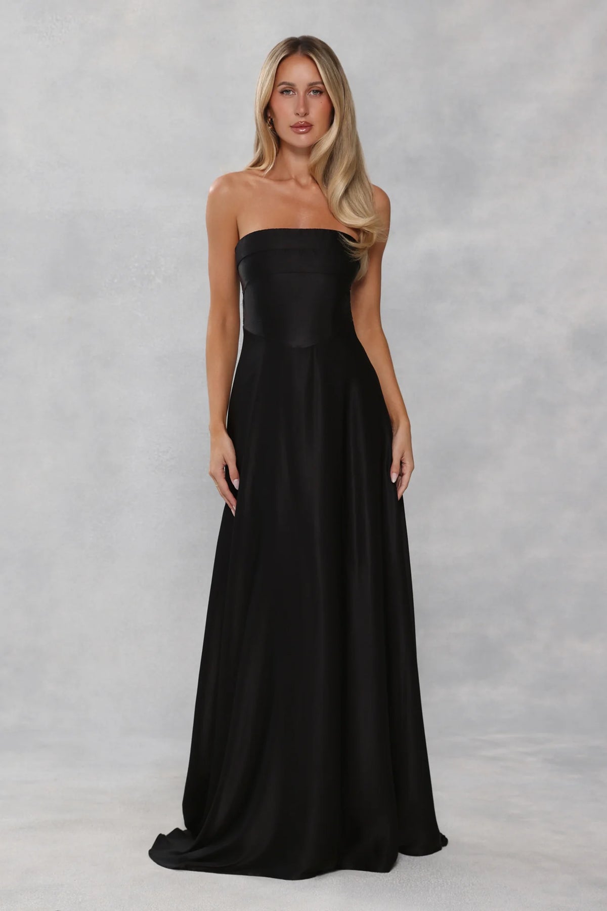 The Serina Strapless Satin Maxi Dress Black