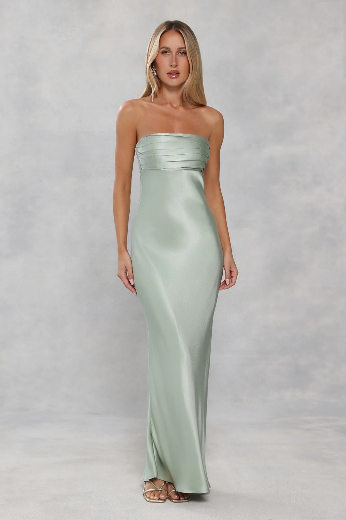 The Seraphina Strapless Satin Maxi Dress Sage Green