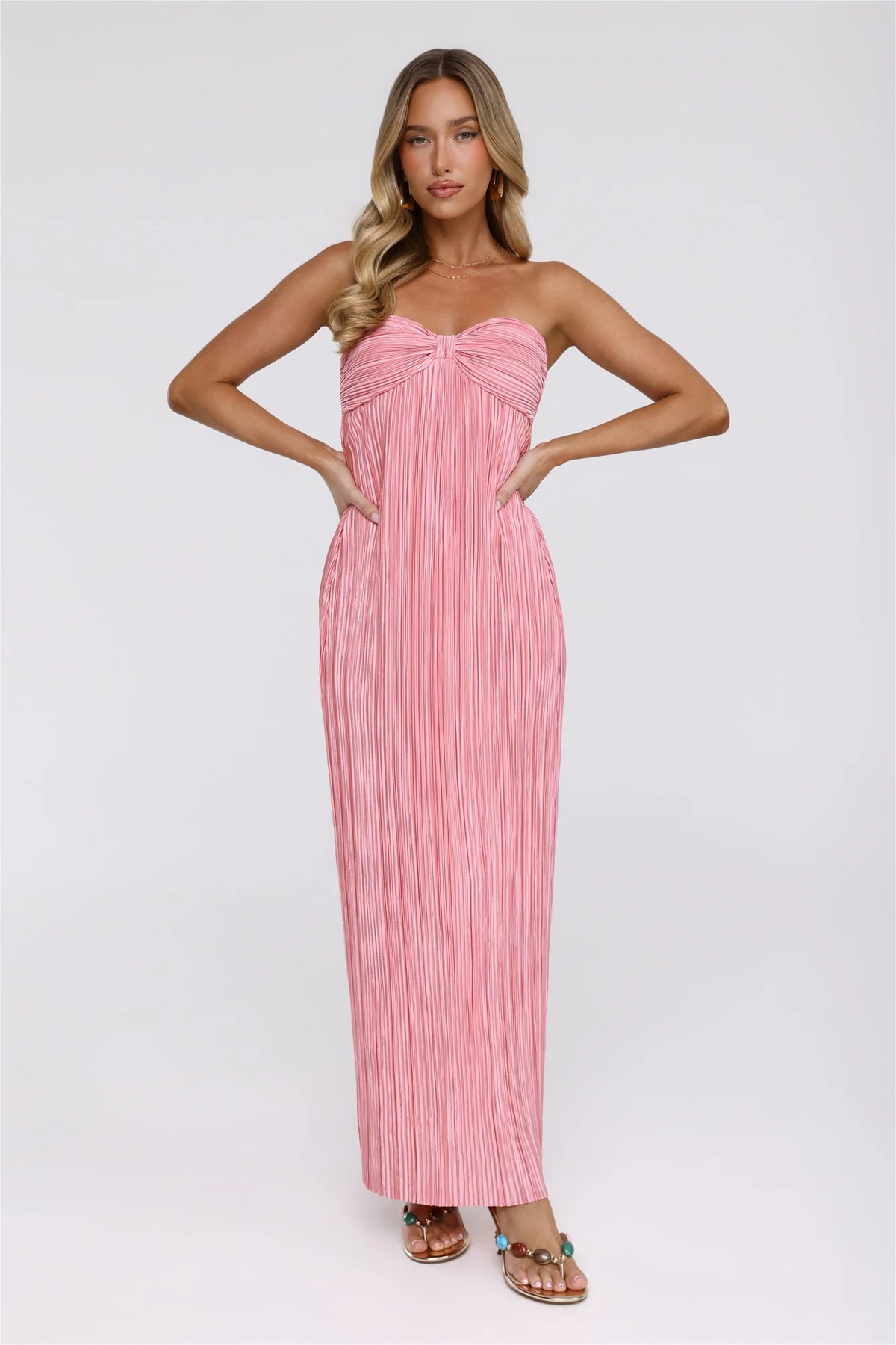 The Pretty Way Plisse Strapless Maxi Dress Pink