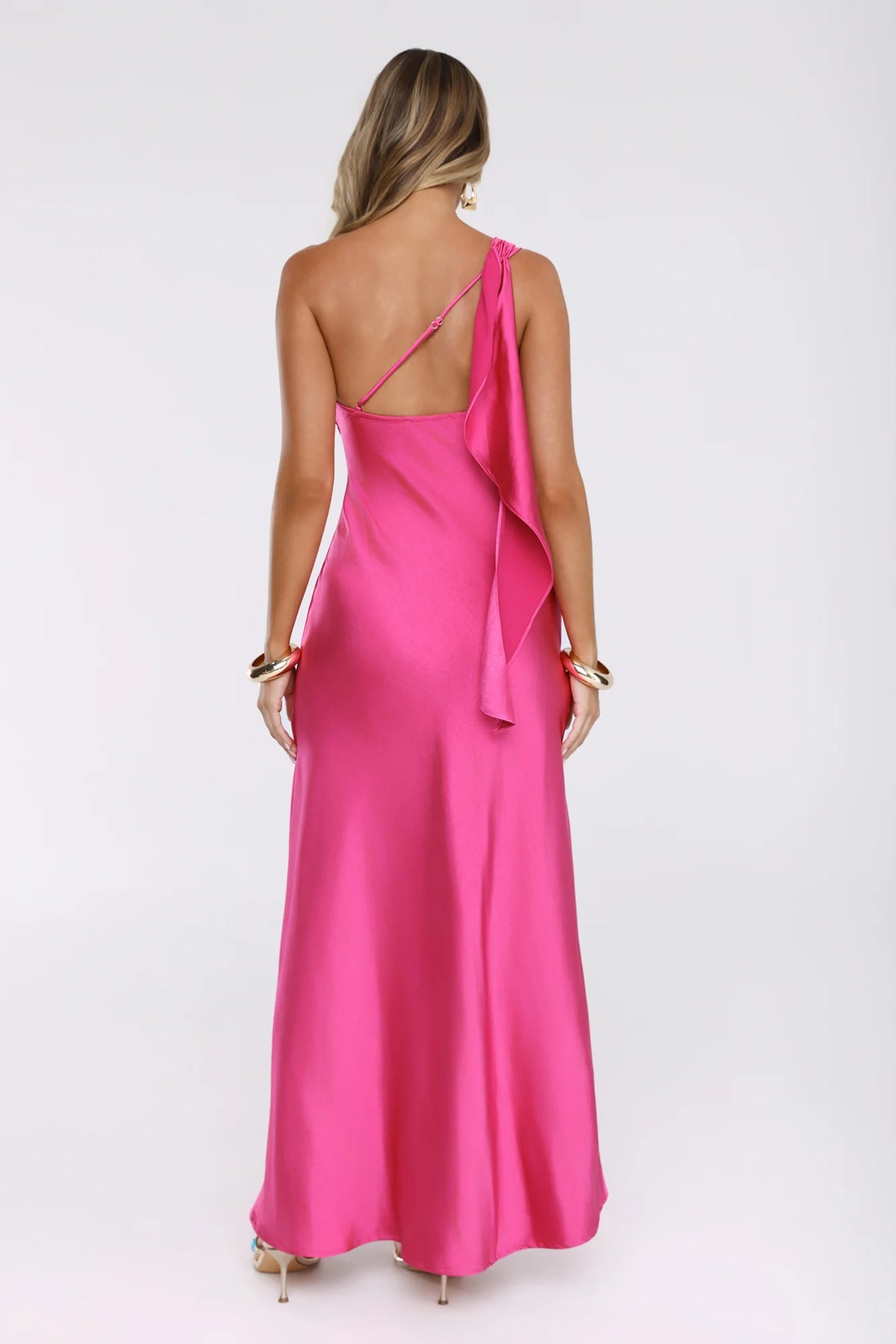Romantic Tales Satin One Shoulder Maxi Dress Hot Pink