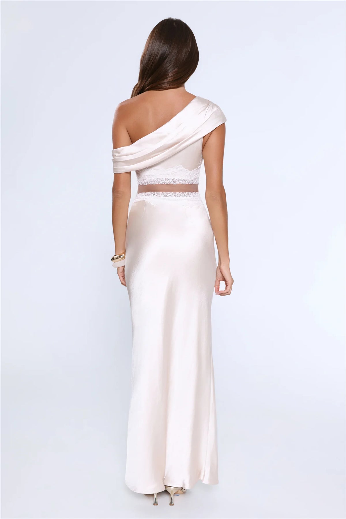Under Candlelights Off Shoulder Satin Maxi Dress Champagne