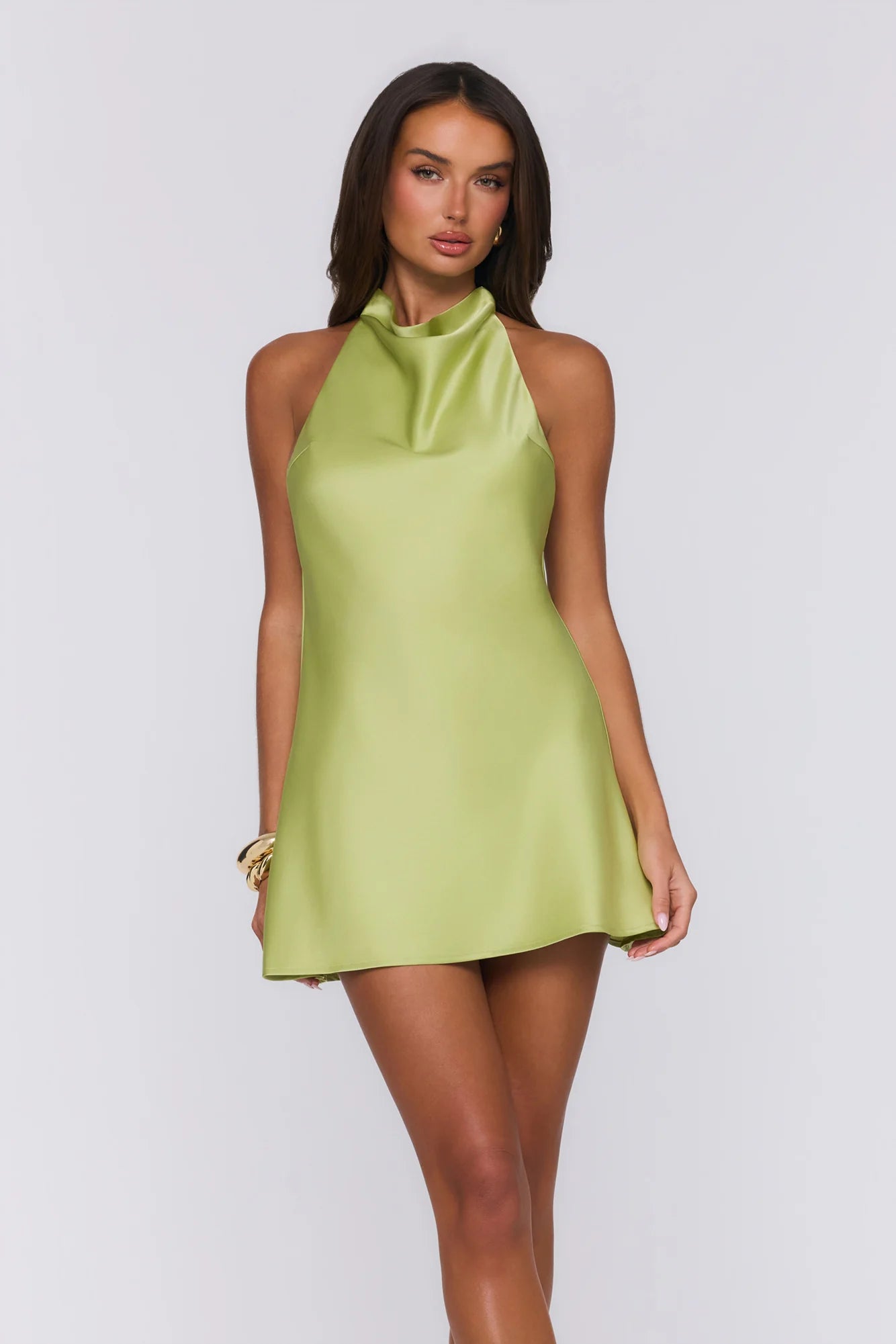 Power Walk Satin Halter Mini Dress Lime Green