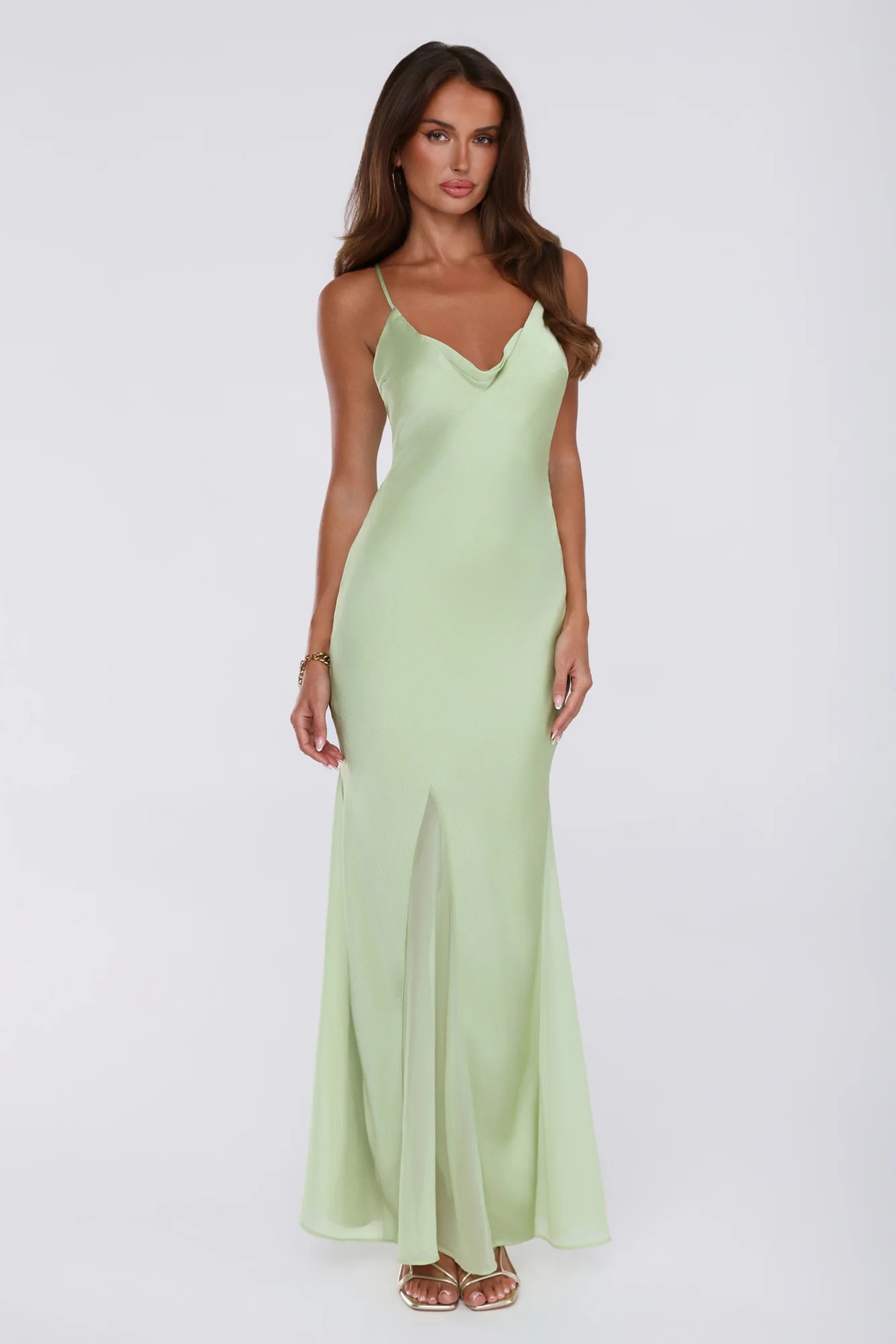 Couture Evening Satin Maxi Dress Green