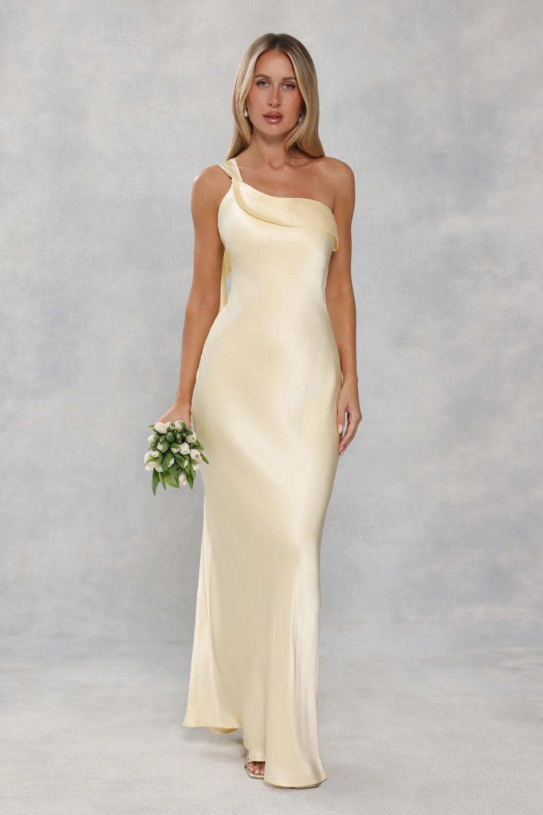 The Zafira One Shoulder Satin Maxi Dress Yellow