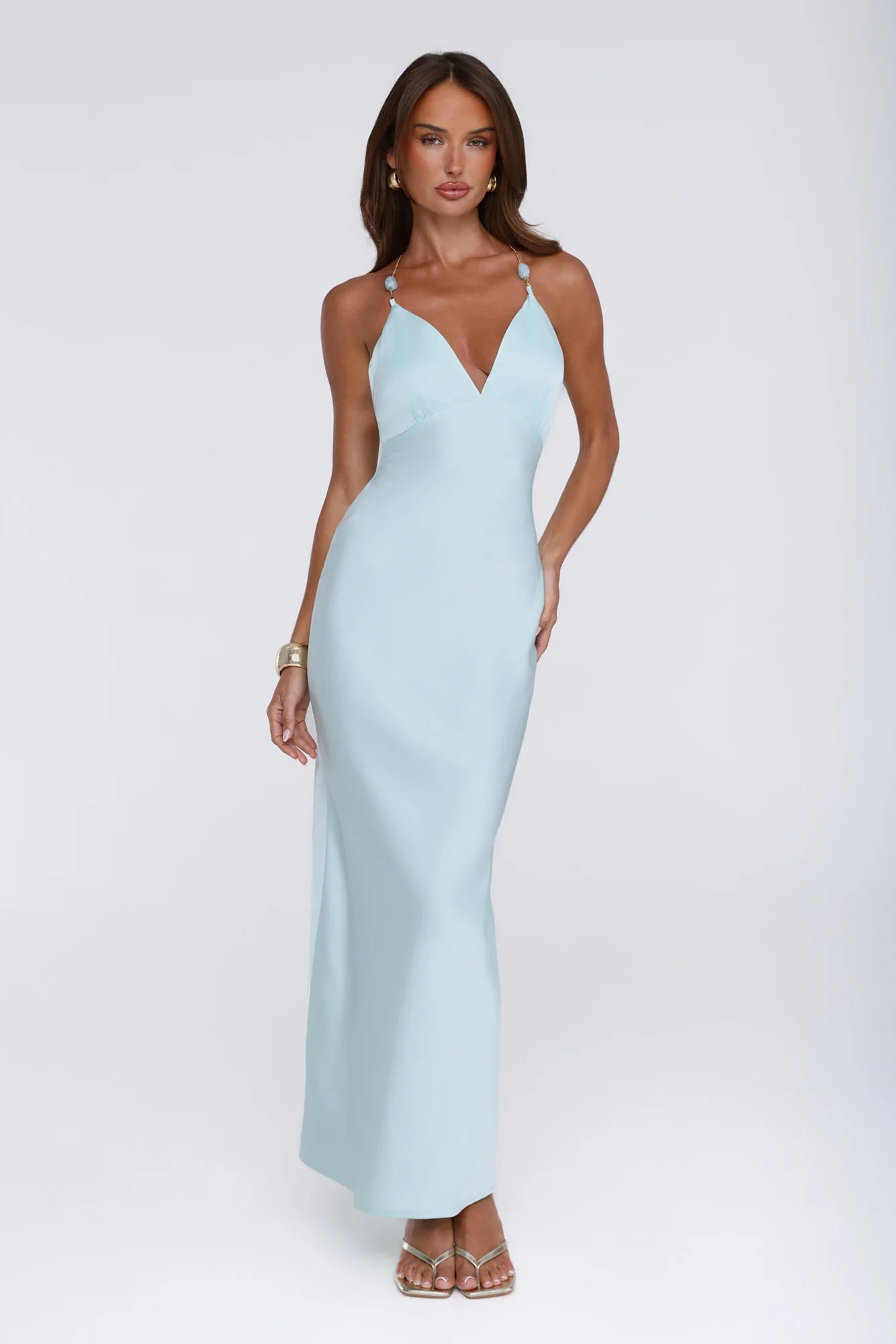 Pearl Indulgence Satin Maxi Dress Aqua