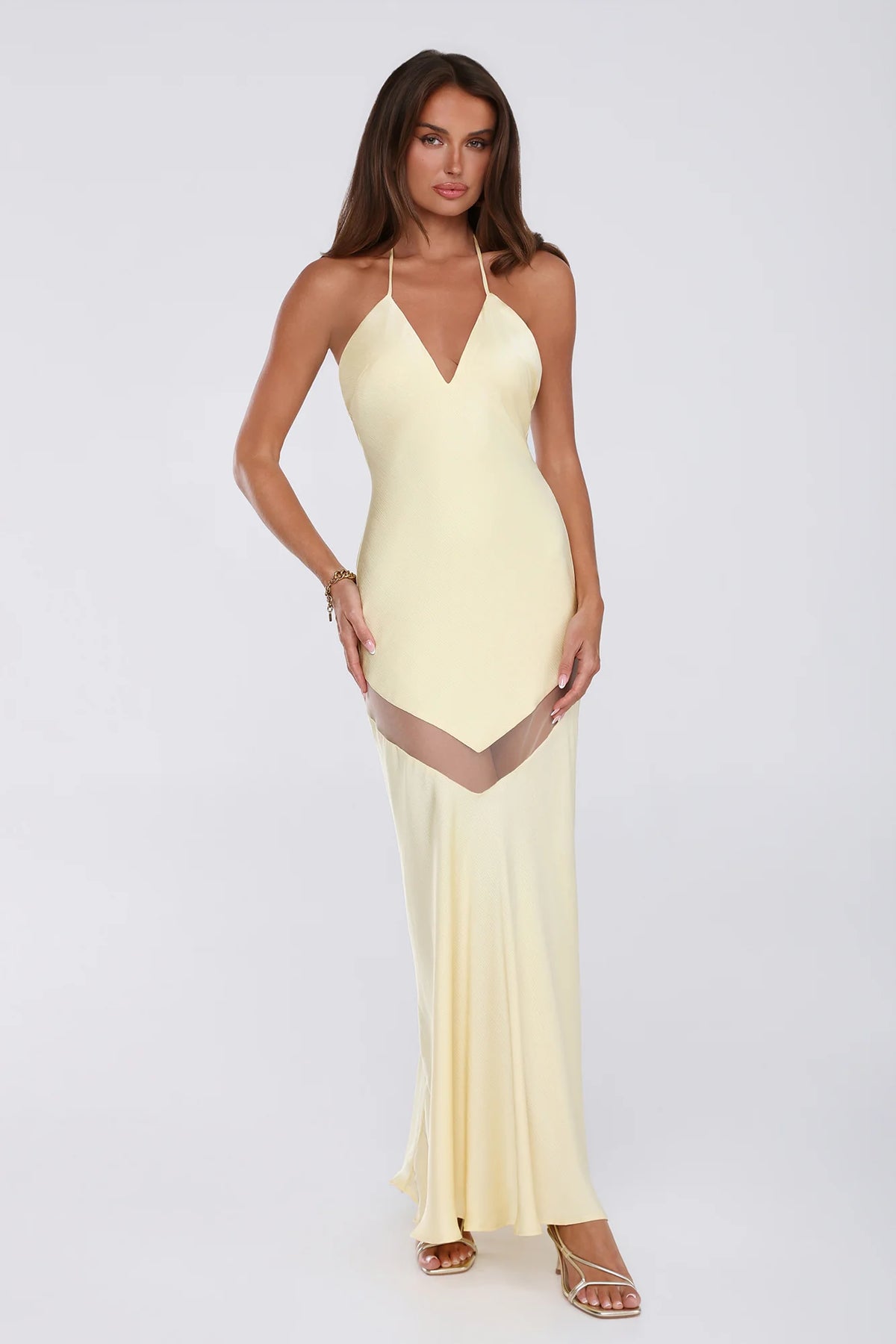 Glam Starlet Halter Satin Maxi Dress Lemon