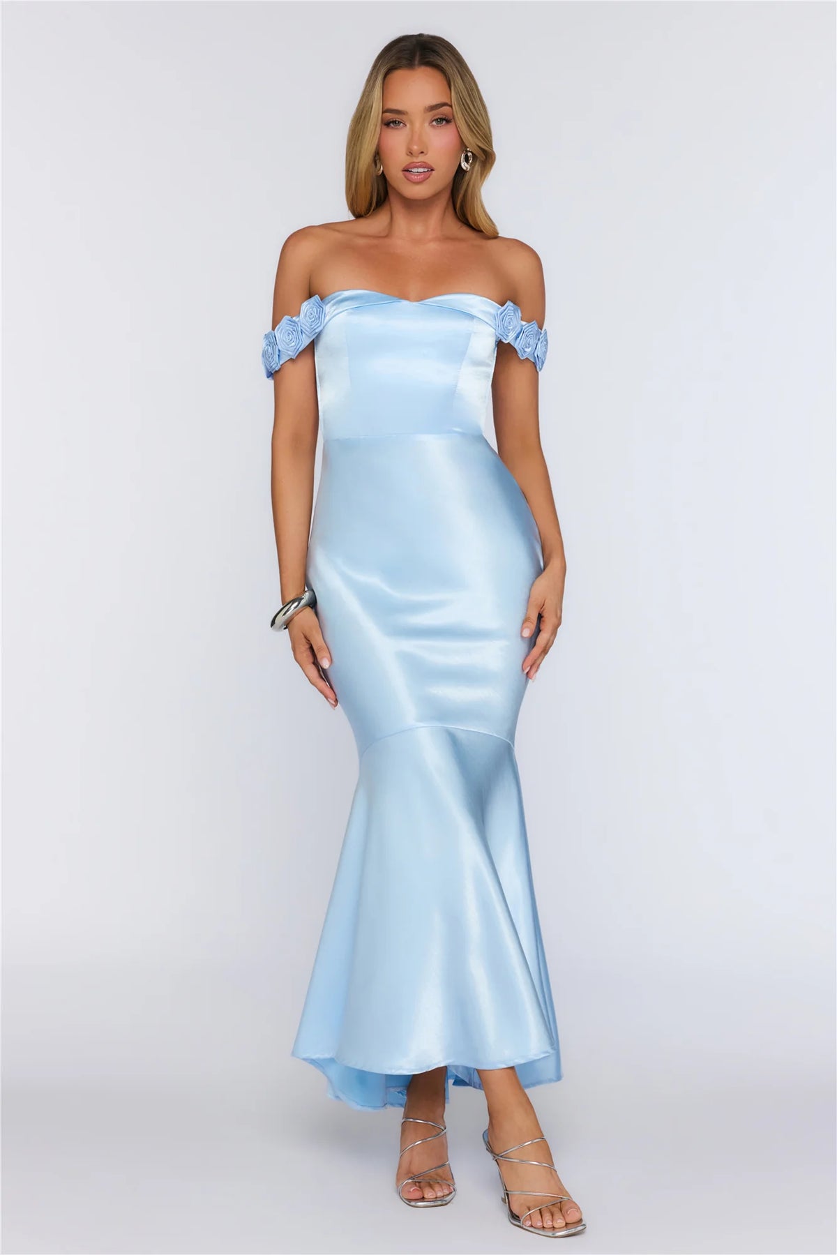 Falling Soft Satin Off Shoulder Maxi Dress Blue