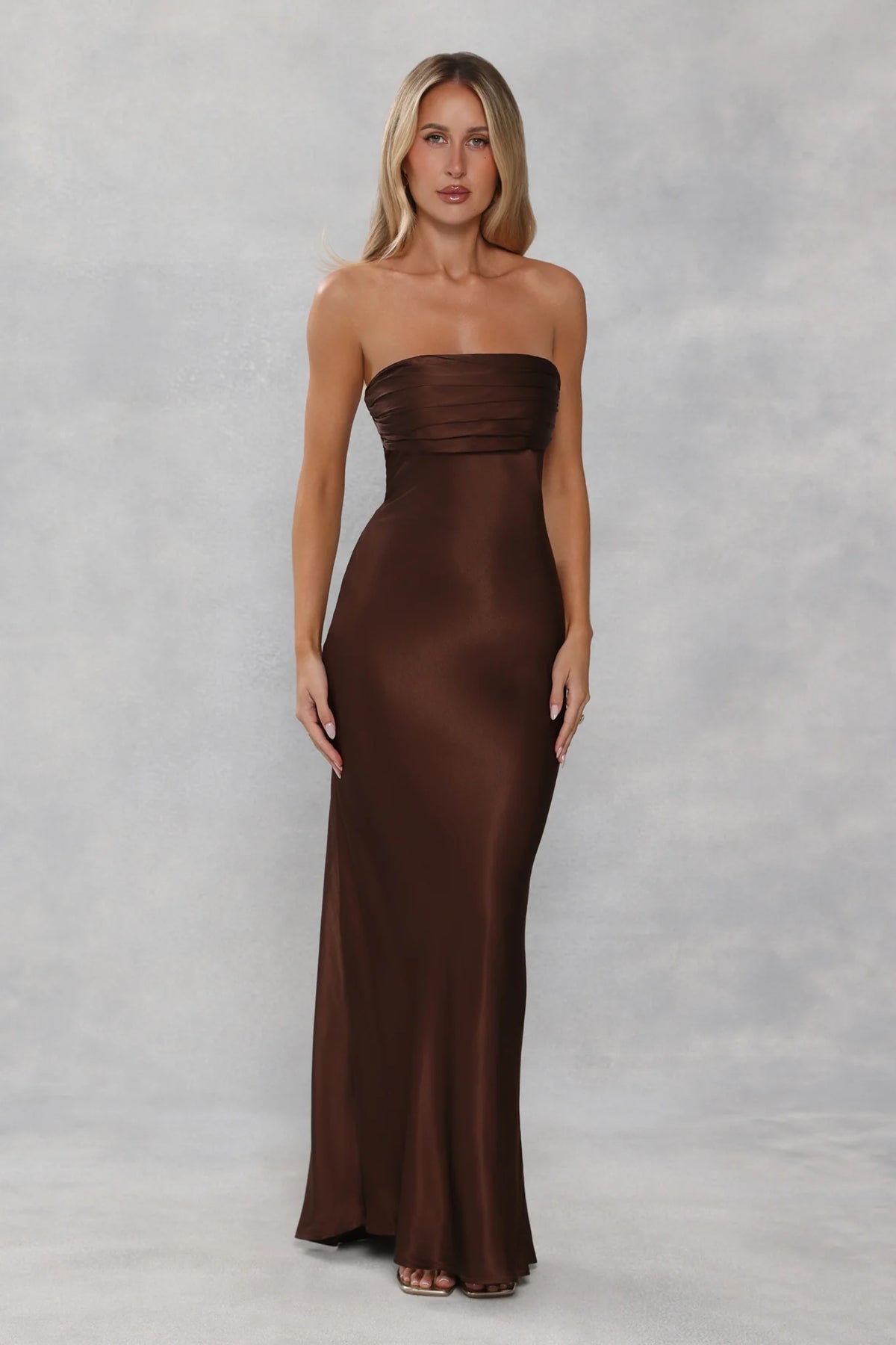 The Seraphina Strapless Satin Maxi Dress Chocolate Brown