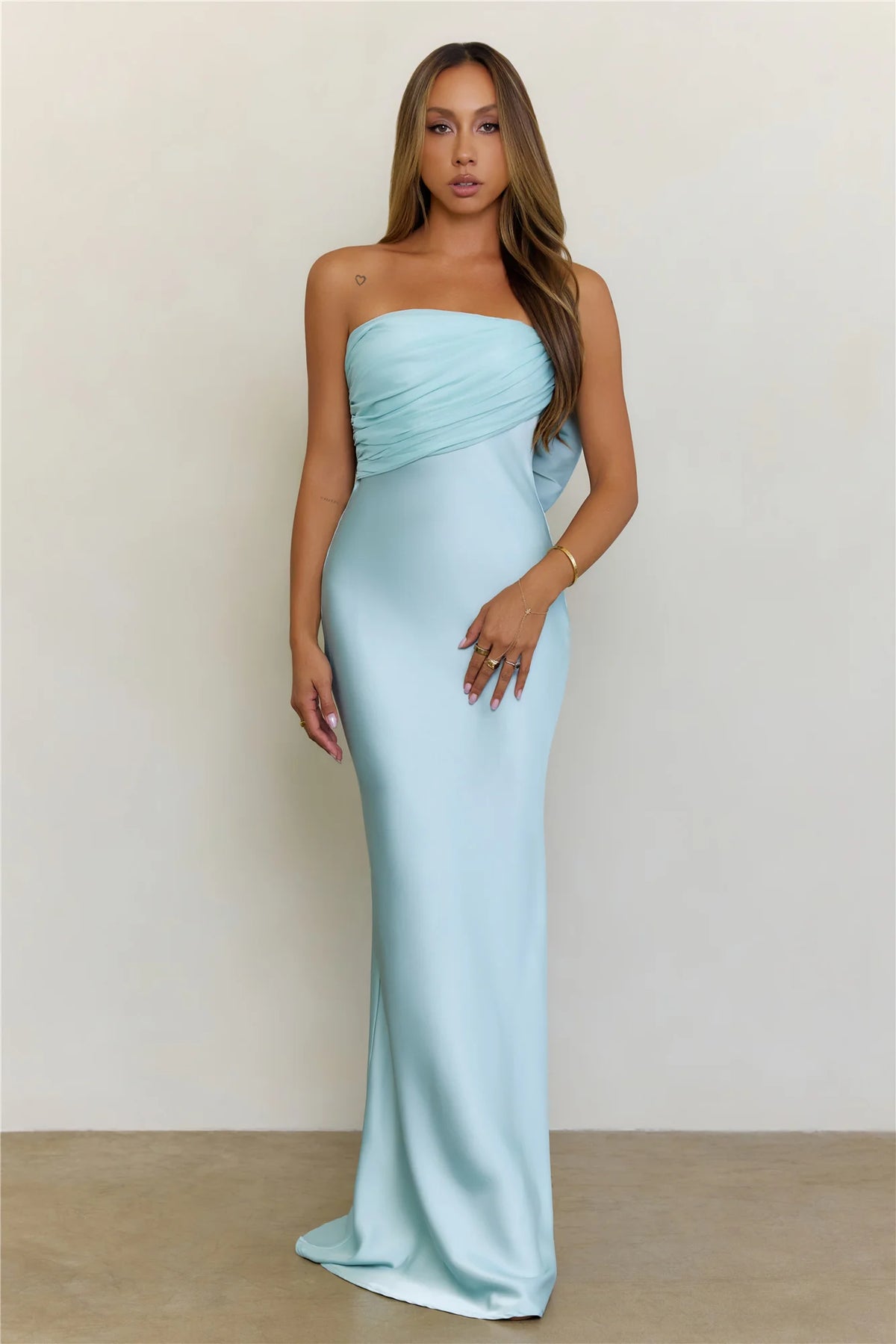 Soft Forever Mood Satin Strapless Maxi Dress Light Blue
