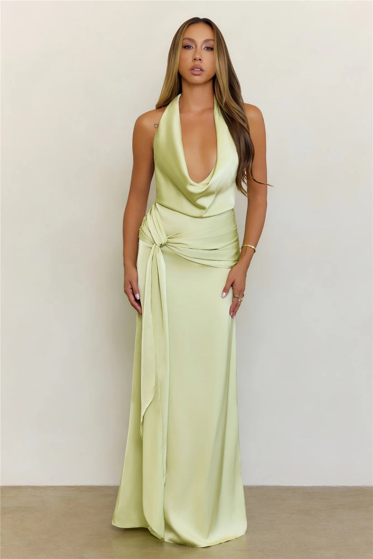 In Elegance Satin Halter Maxi Dress Lime
