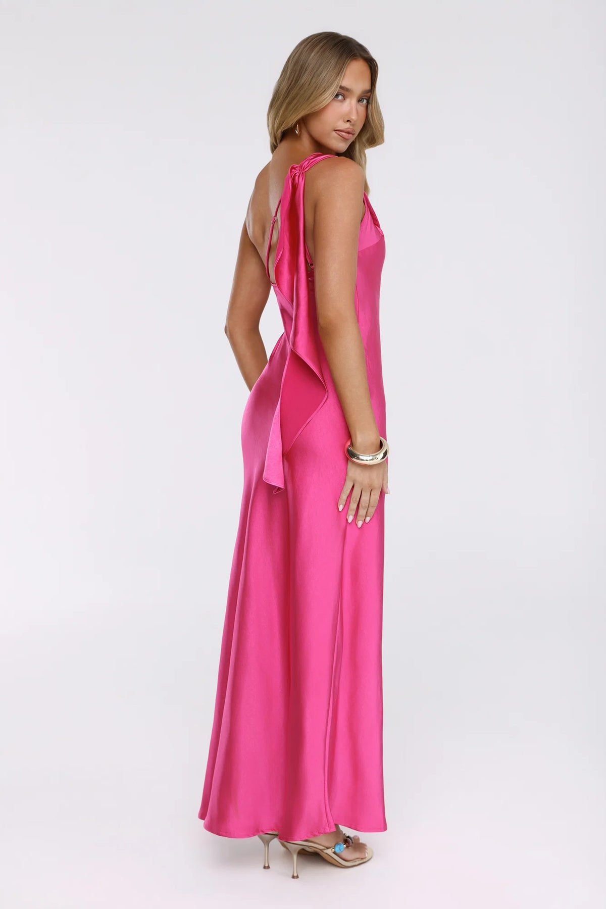 Romantic Tales Satin One Shoulder Maxi Dress Hot Pink