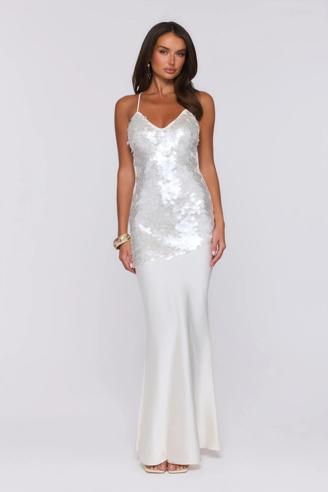 Shimmer Glow Sequin Maxi Dress Ecru White