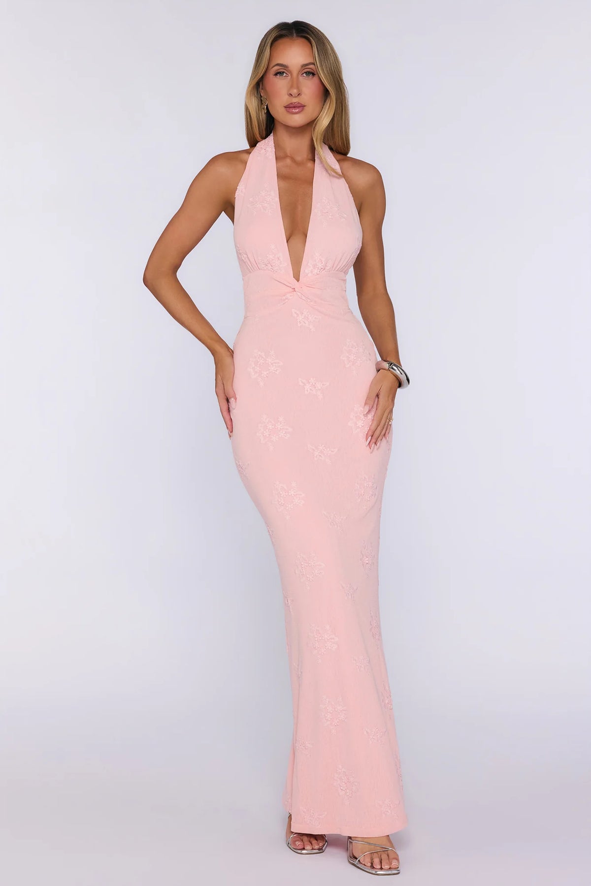 Peachy Whimsy Knit Halter Maxi Dress Pink