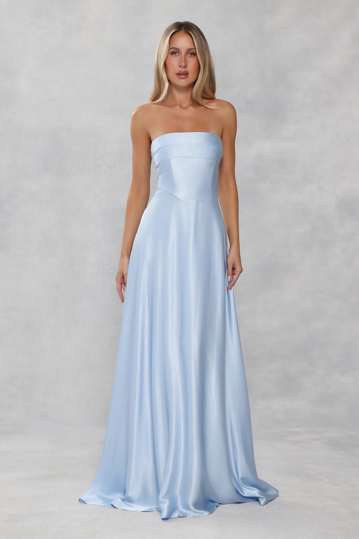 The Serina Strapless Satin Maxi Dress Light Blue