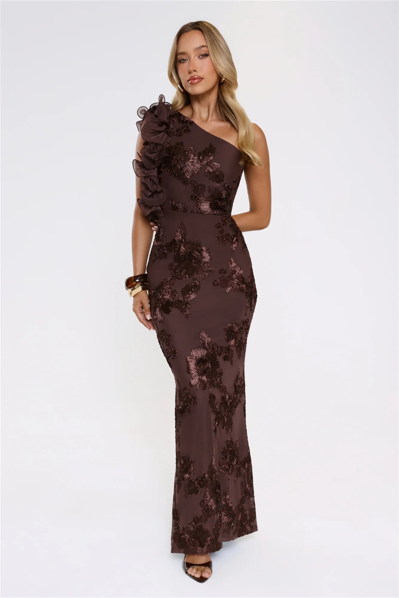Fleur Flair One Shoulder Maxi Dress Chocolate
