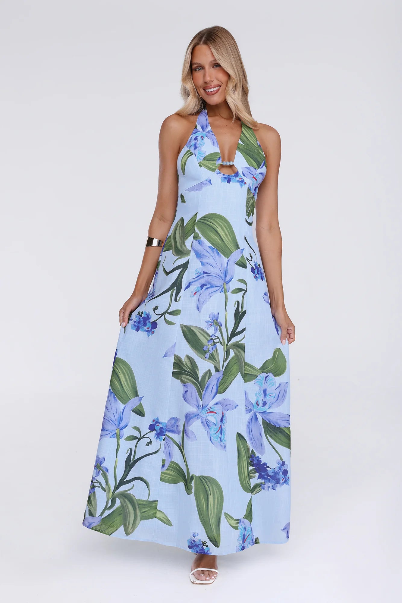 Fleur Flicker Halter Maxi Dress Blue