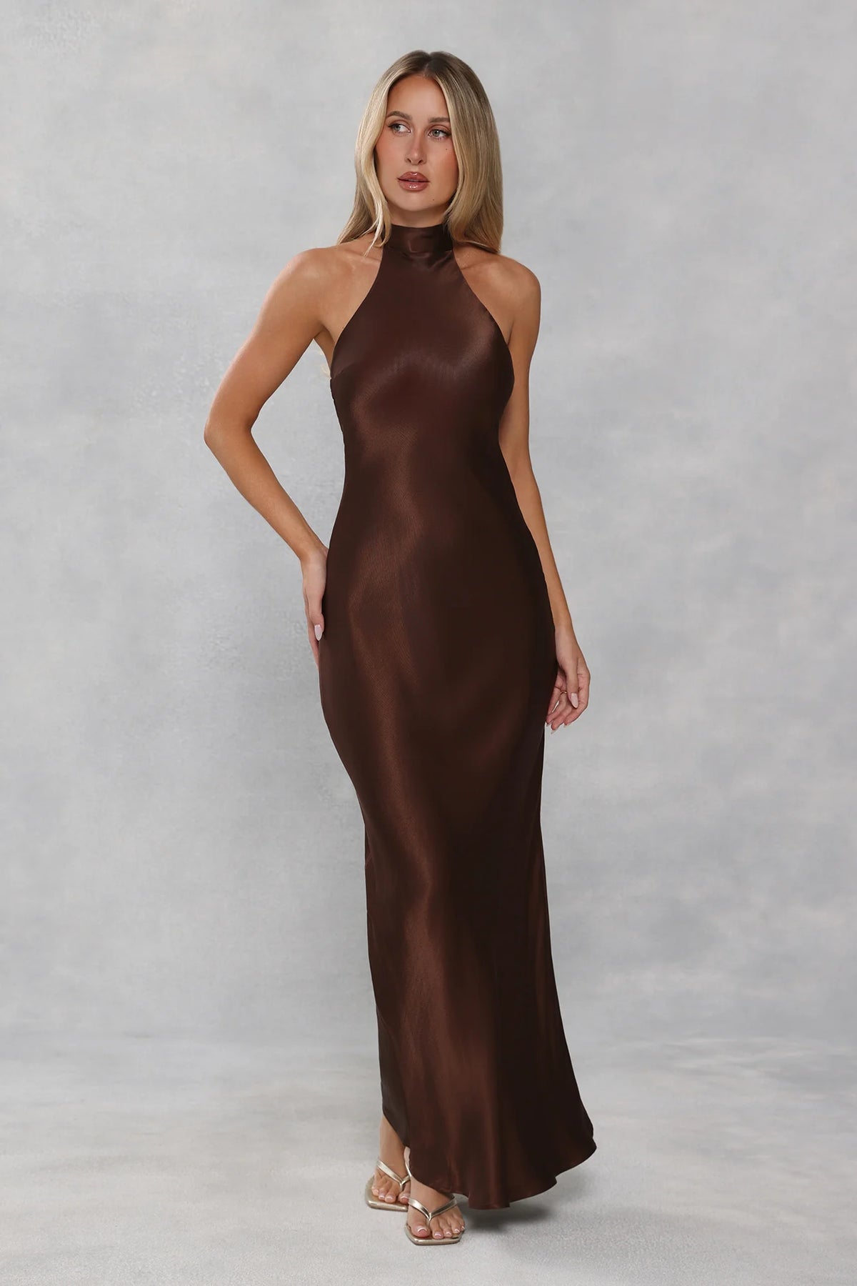The Cleo Halter Satin Maxi Dress Chocolate Brown