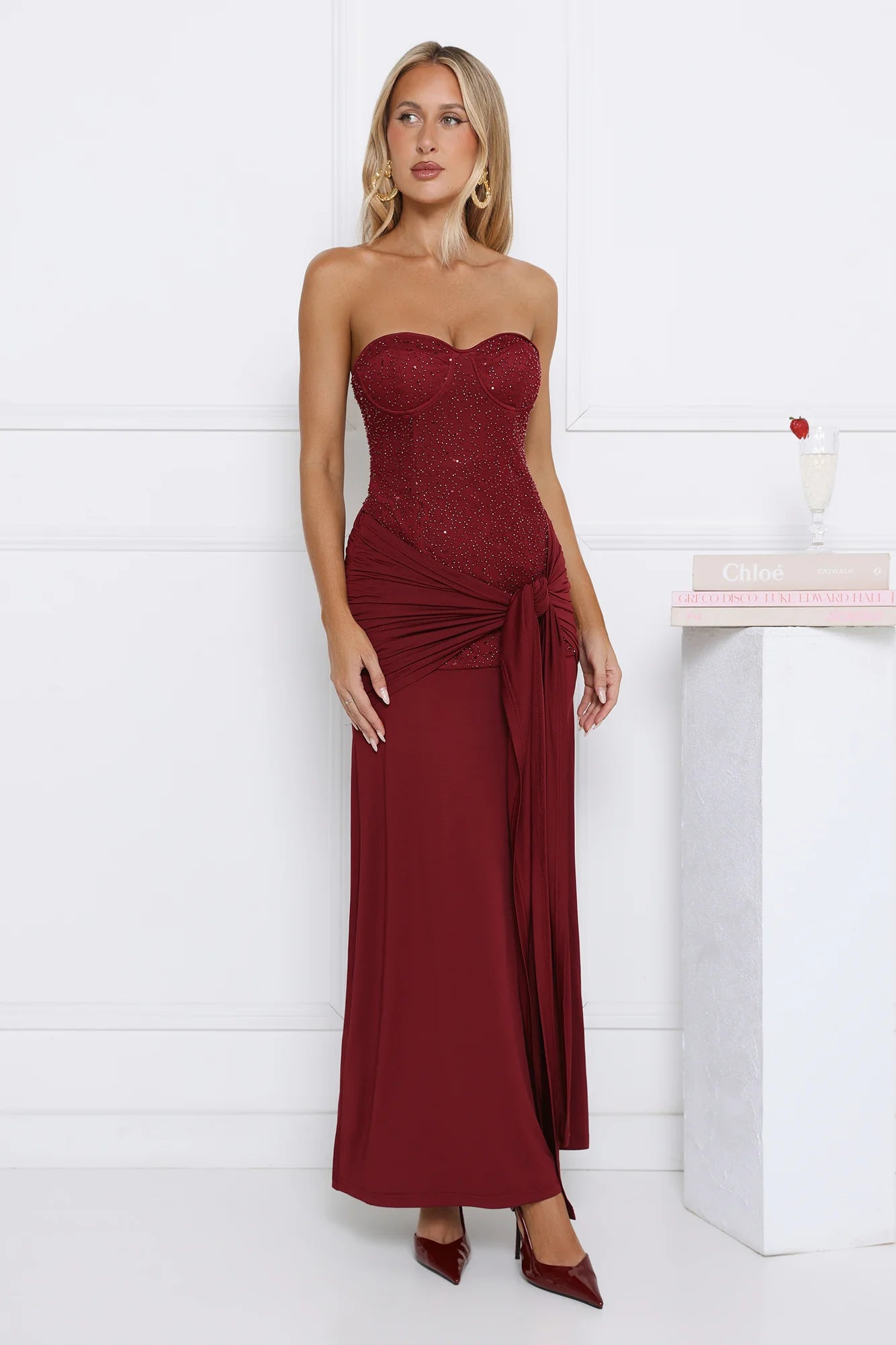Signature Nights Embellished Strapless Maxi Dress Red
