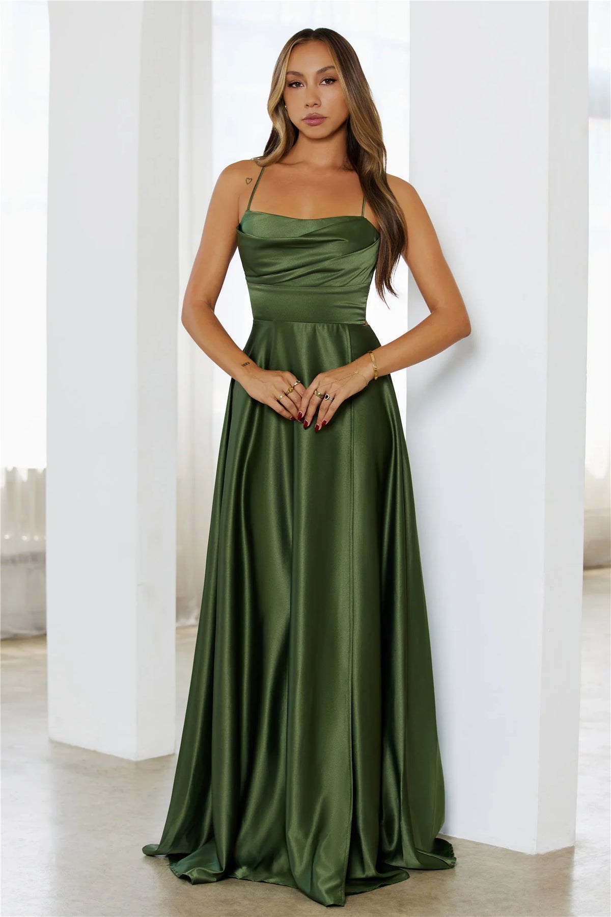 Soft Dressing Satin Maxi Dress Green
