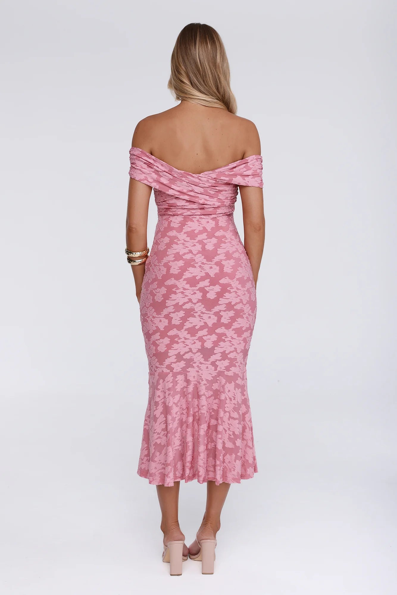Botanical Embrace Off Shoulder Midi Dress Rose
