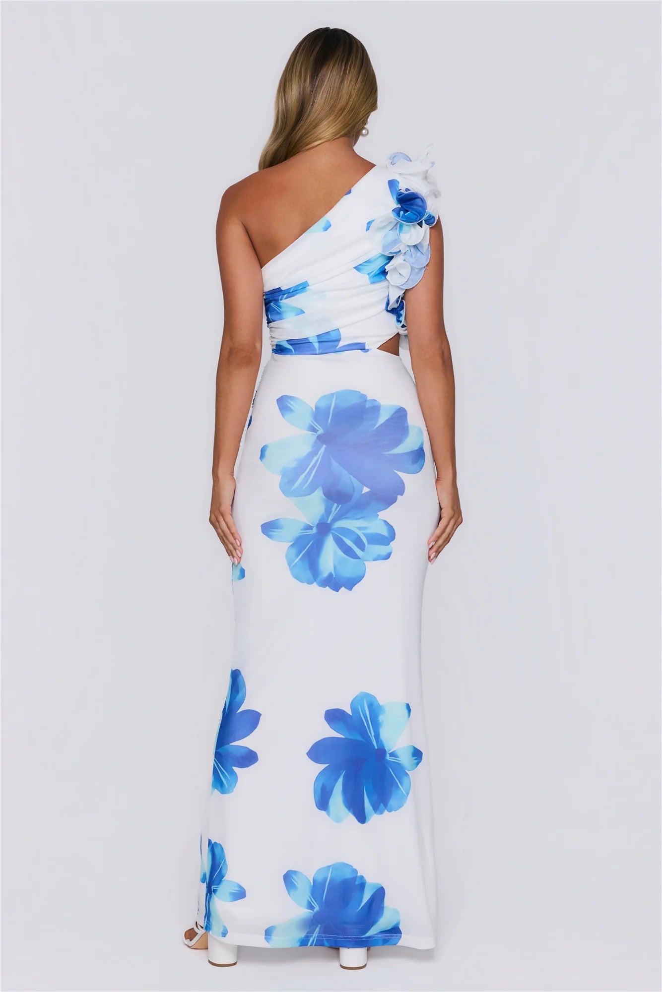 Dream Petals One Shoulder Maxi Dress Blue