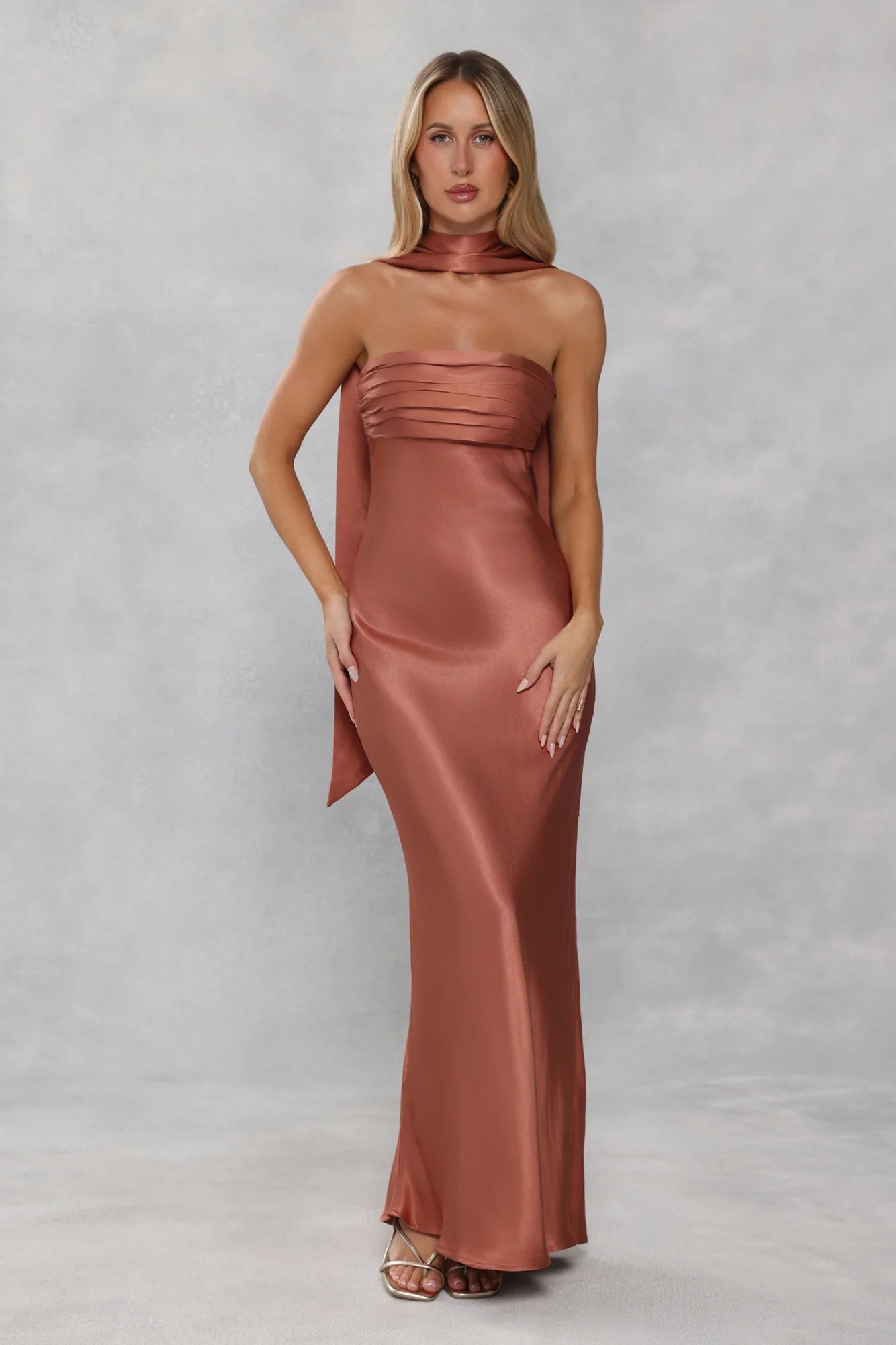 The Seraphina Strapless Satin Maxi Dress Bronze