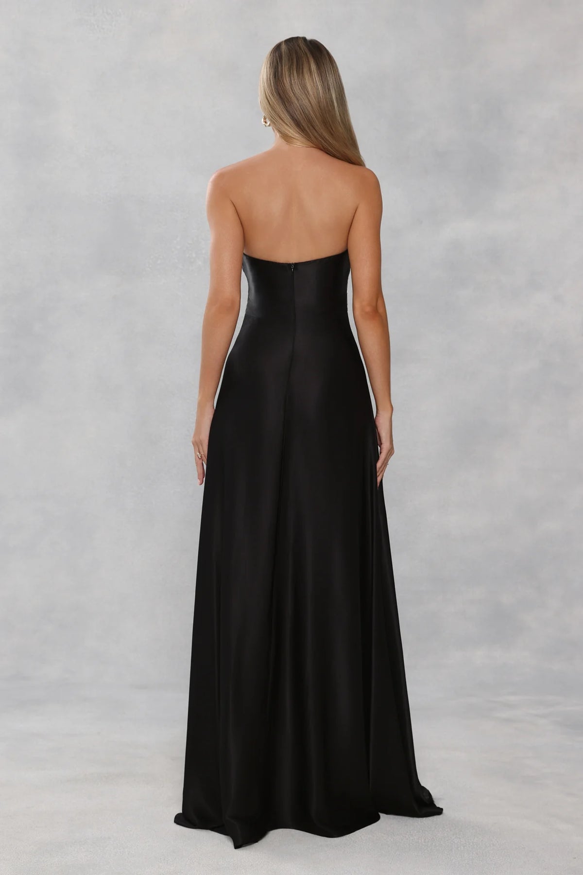 The Serina Strapless Satin Maxi Dress Black
