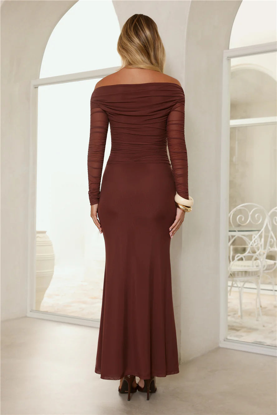 Glam Mesh Off-Shoulder Maxi Dress Rust