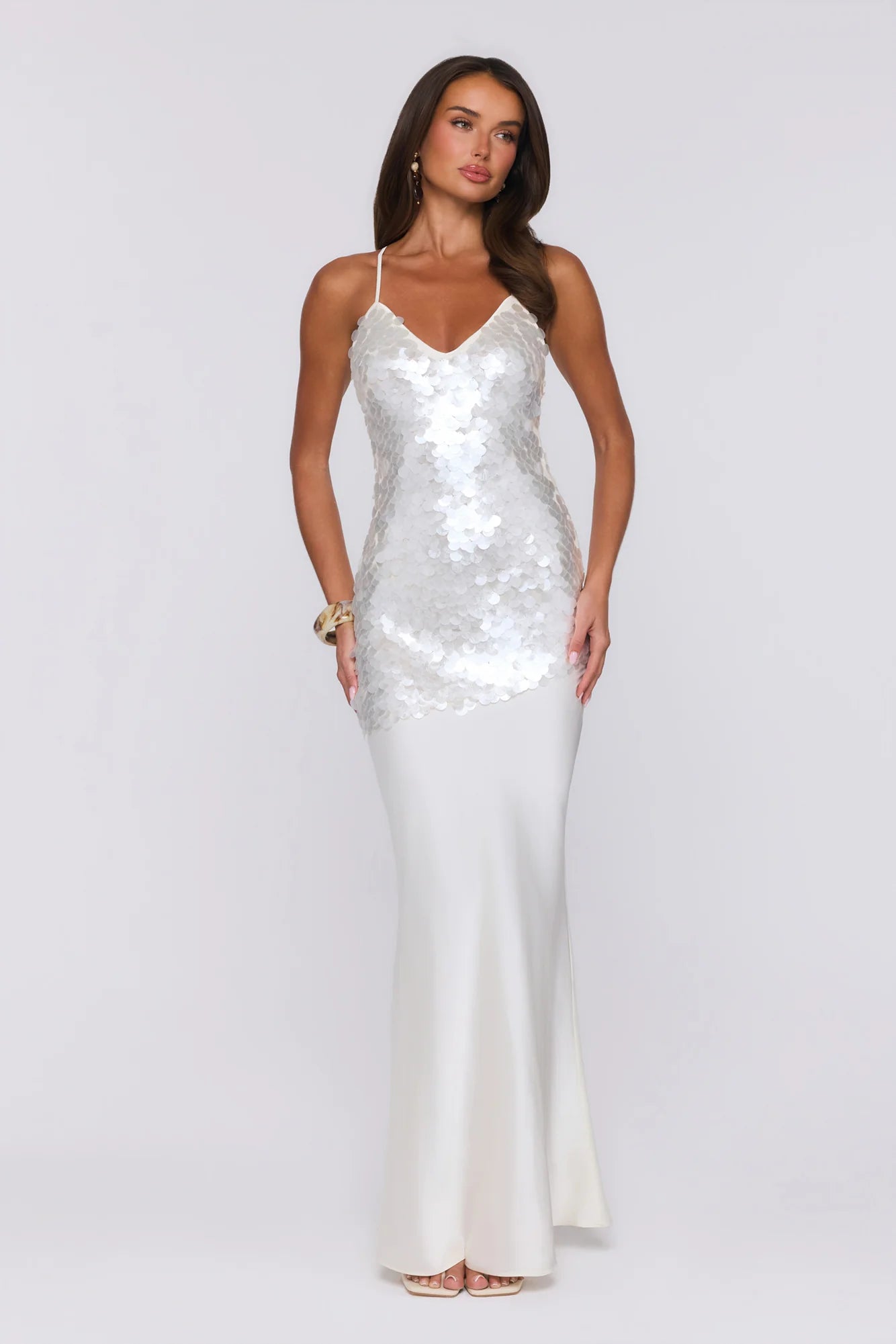 Shimmer Glow Sequin Maxi Dress Ecru White