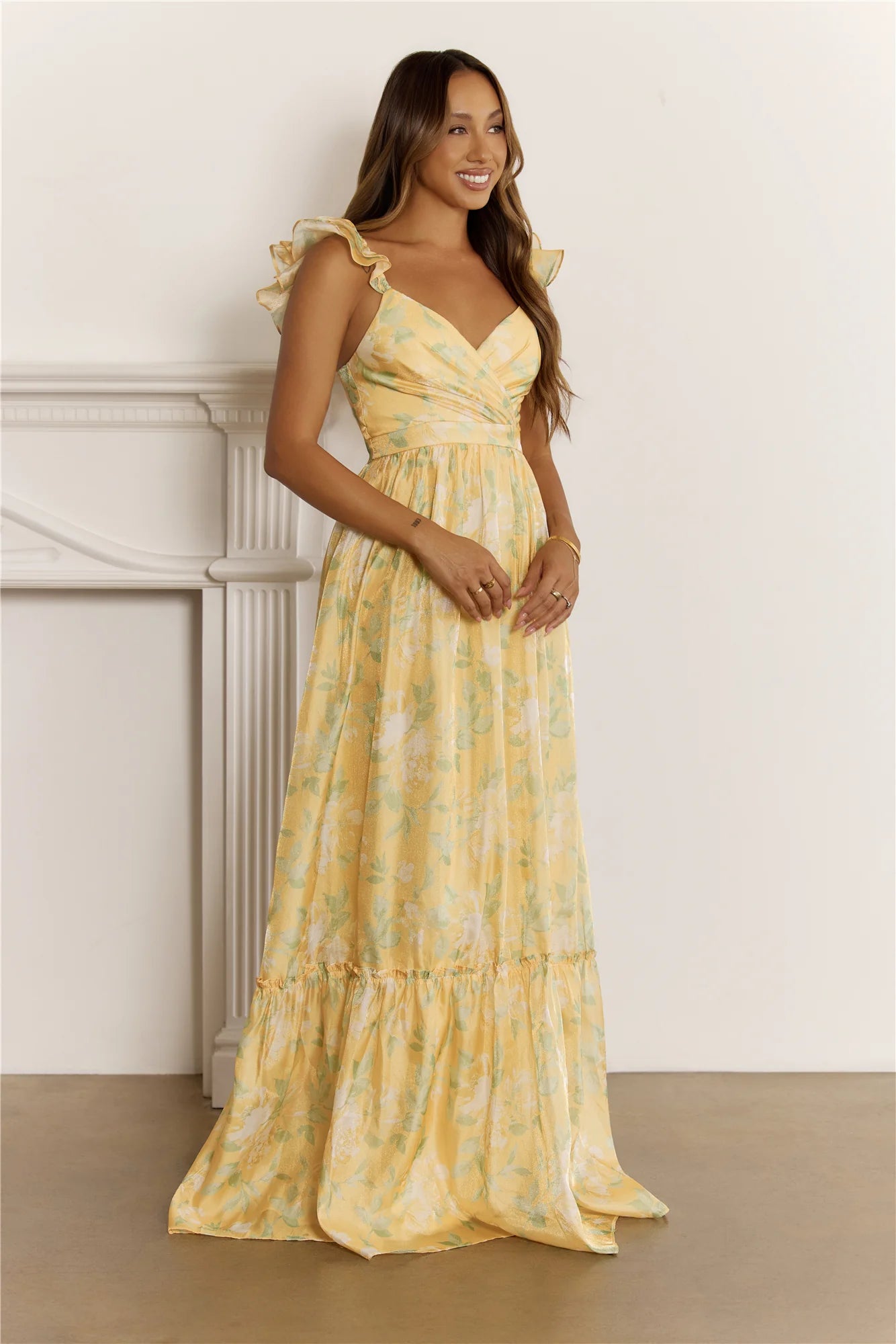 Shimmering Floral Tiered Maxi Dress Yellow