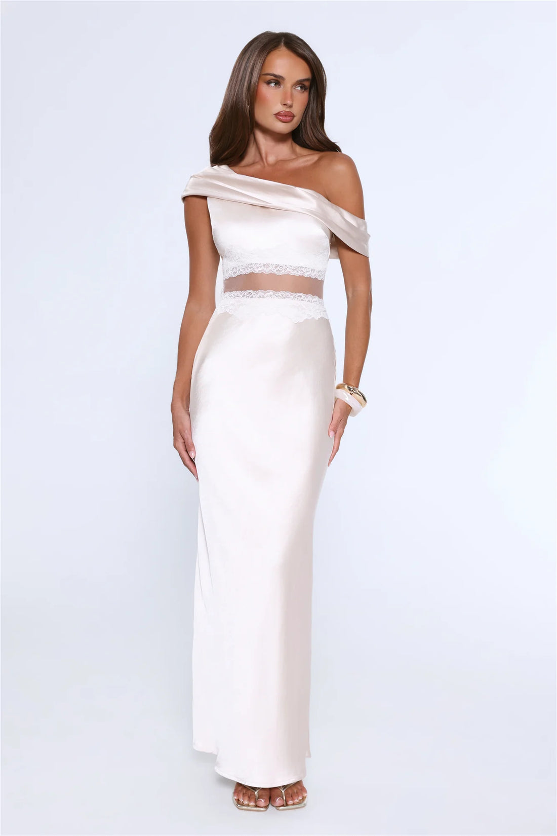 Under Candlelights Off Shoulder Satin Maxi Dress Champagne