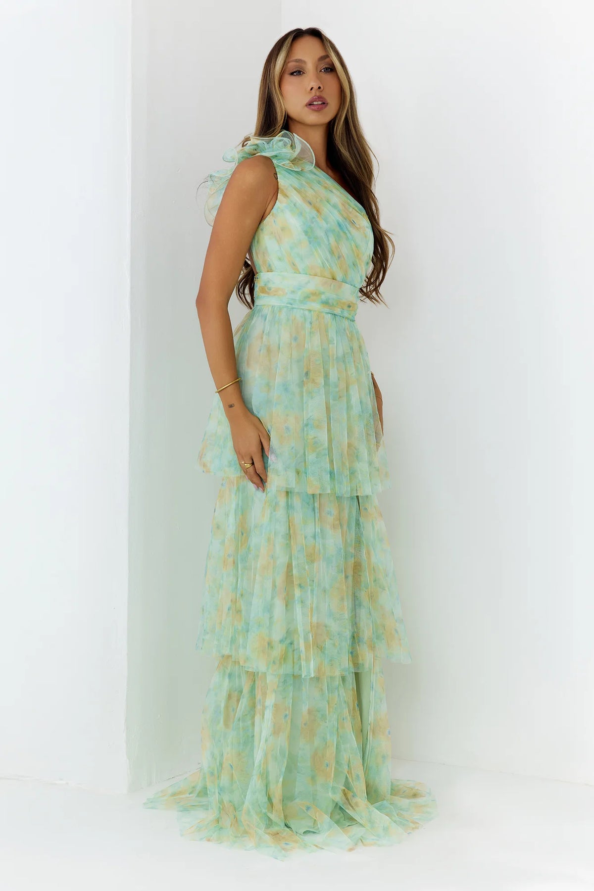 Bloom And Flow One Shoulder Tiered Maxi Dress Green