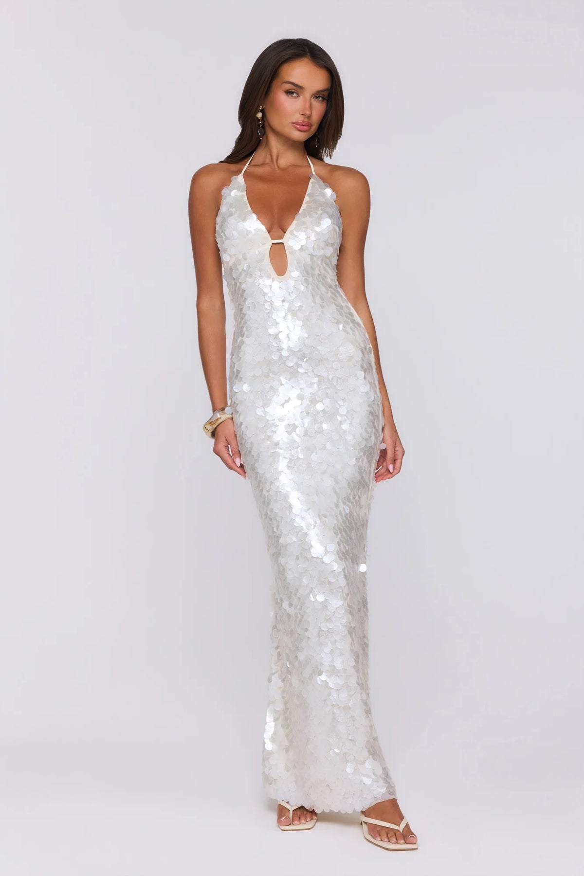 Sparkling Affair Sequin Halter Maxi Dress Ecru White