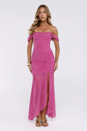 City Glow Up Off Shoulder Maxi Dress Plum