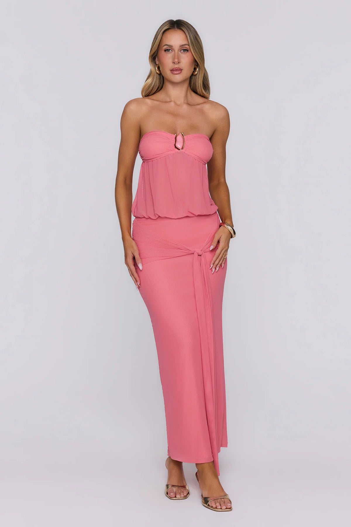 Self Made Aura Strapless Mesh Maxi Dress Pink